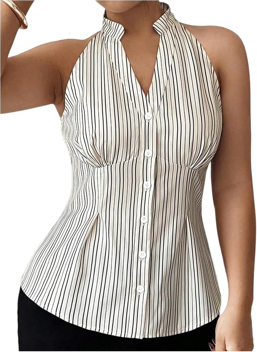 MakeMeChic Women's Striped Halter Neck Notched Blouse Button Down Sleeveless Dressy Tops