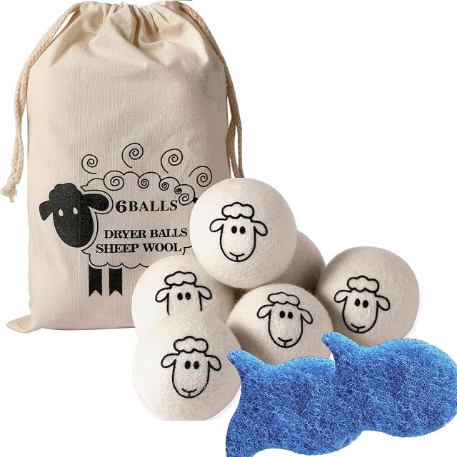 Boules de séchoir en laine, 8-Pack, Blanc, assouplissant de blanchisserie réutilisable et détachant les cheveux des animaux (2.4in(Boîte de 6)+2 Pcs Hair Removers)