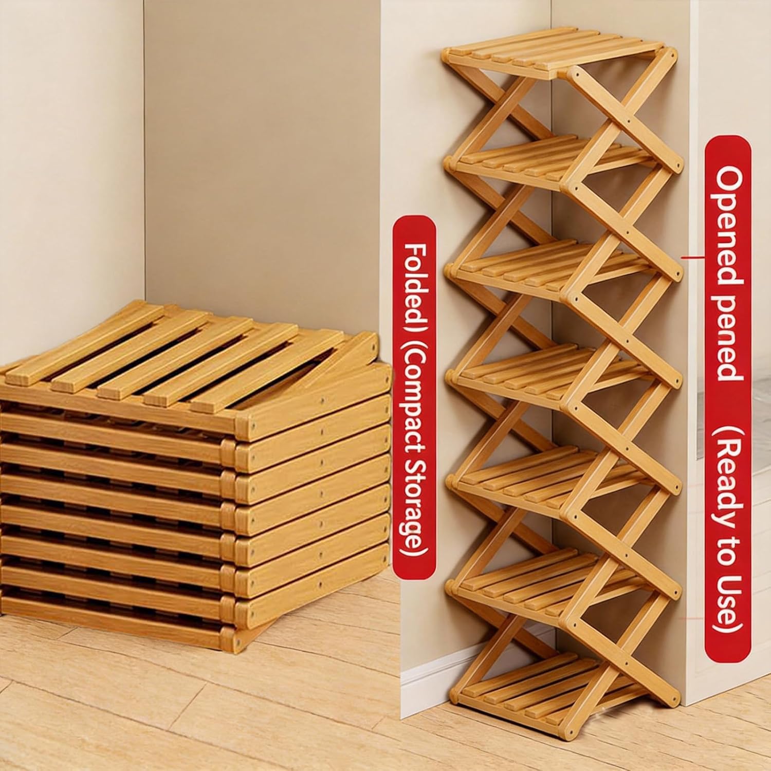 The 9-Tier No-Assembly Bamboo Rack, Foldable Bamboo Vertical Shoe Organizer, Multifunctional Narrow Shelf for Entryway, Closet, Bedroom, Hallway, Dorm (Original, 5-Tier)