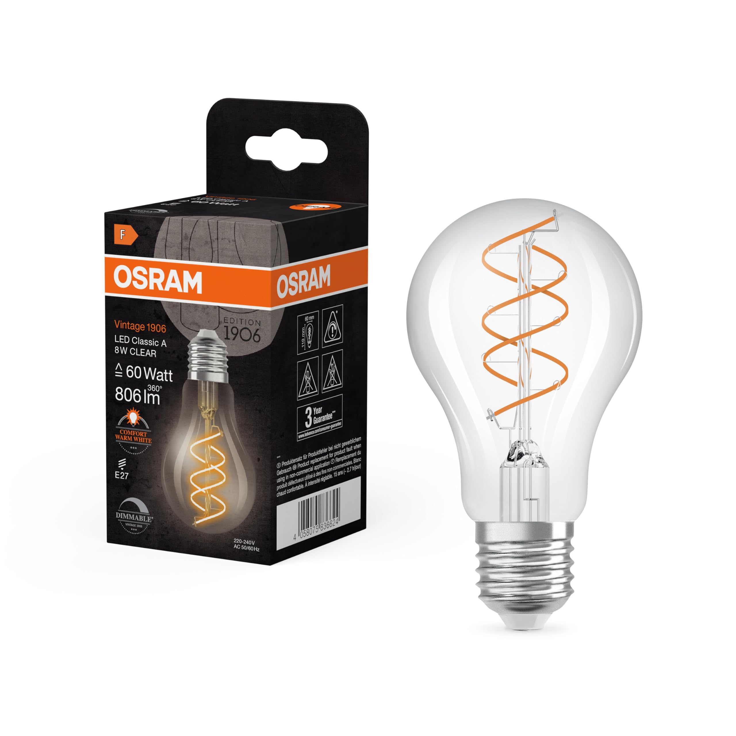 Osram Led Vintage E27 8W 2,200K Spiral Filament Clear Dimmable