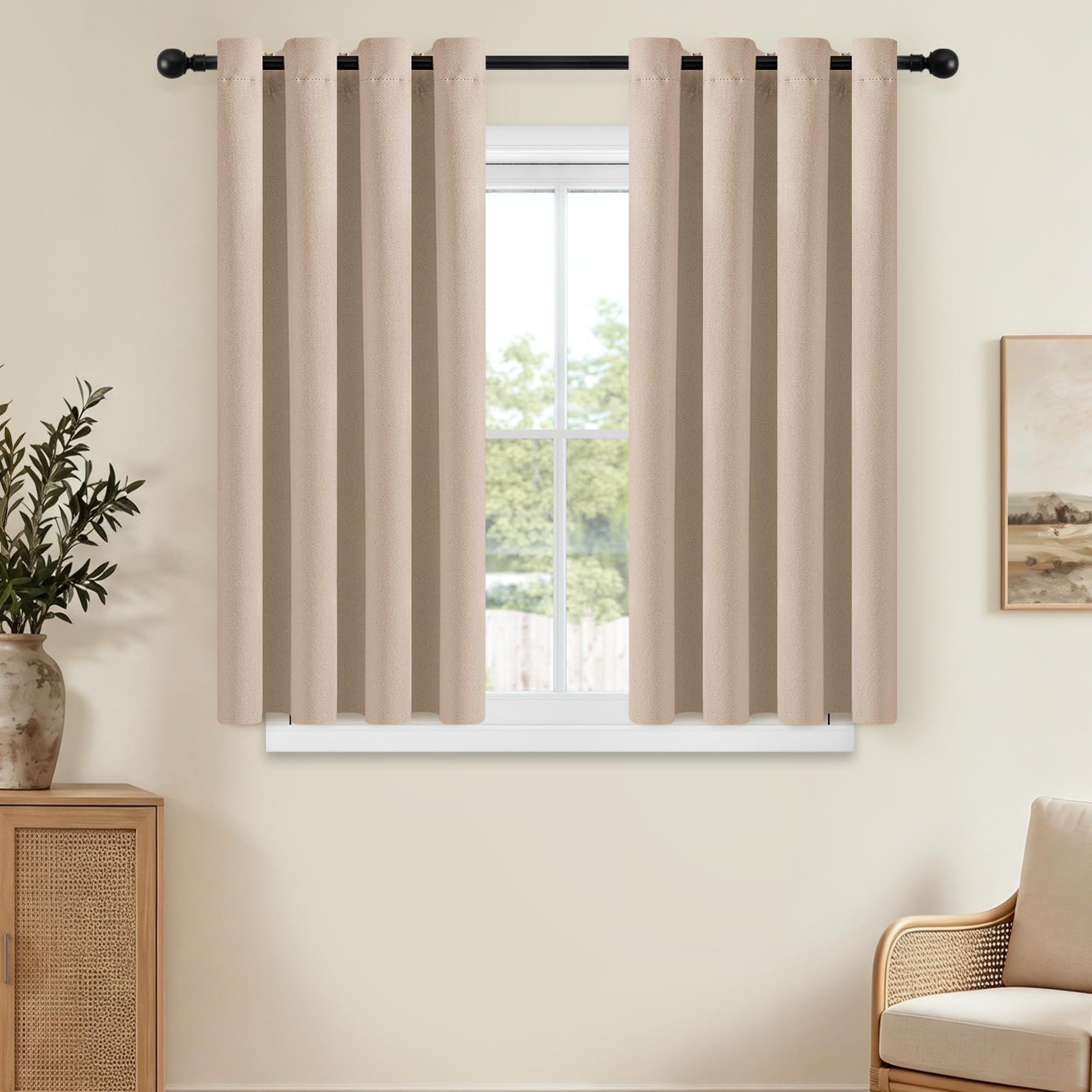 Best Baisite Blackout Curtains 54 Inch Drop for Bedroom 2 Panels Double-Sided Linen Beige Cream Curtains Black Out Room Darkening for Living Room Eyelet Thermal Sun Blocking Soundproof 52" W x 54" L