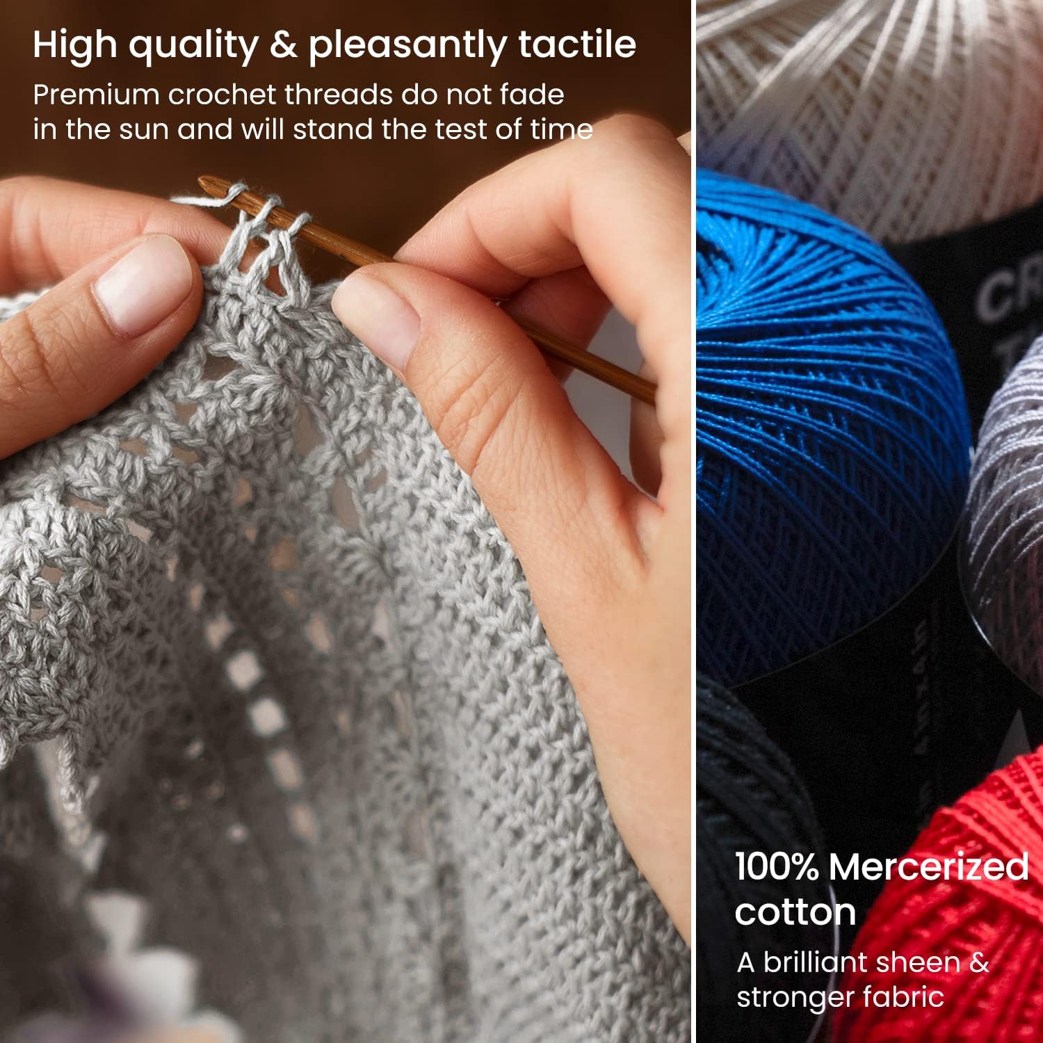 ARTEZA Crochet Thread Set of Black, Gray, Blue & Red of 100% Cotton Yarn for Crocheting, Mercerized, Soft and Colorful Knitting