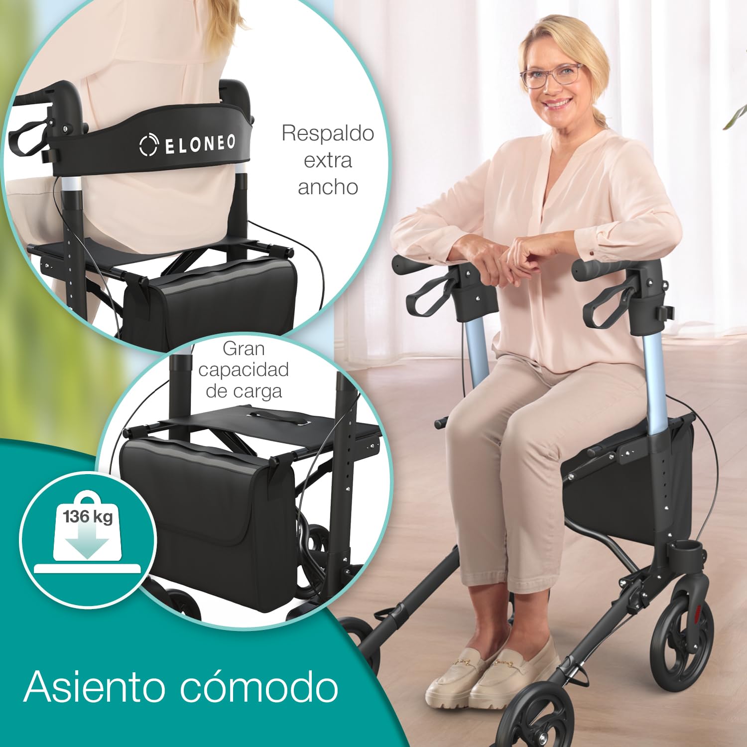 ELONEO Andador para Ancianos con Asiento - Ligero, Compacto y Plegable, Aluminio, 8 Alturas Regulables, Caminador para Mayores con Bolsa y Soporte para Paraguas, Compatible con Coches (Negro)