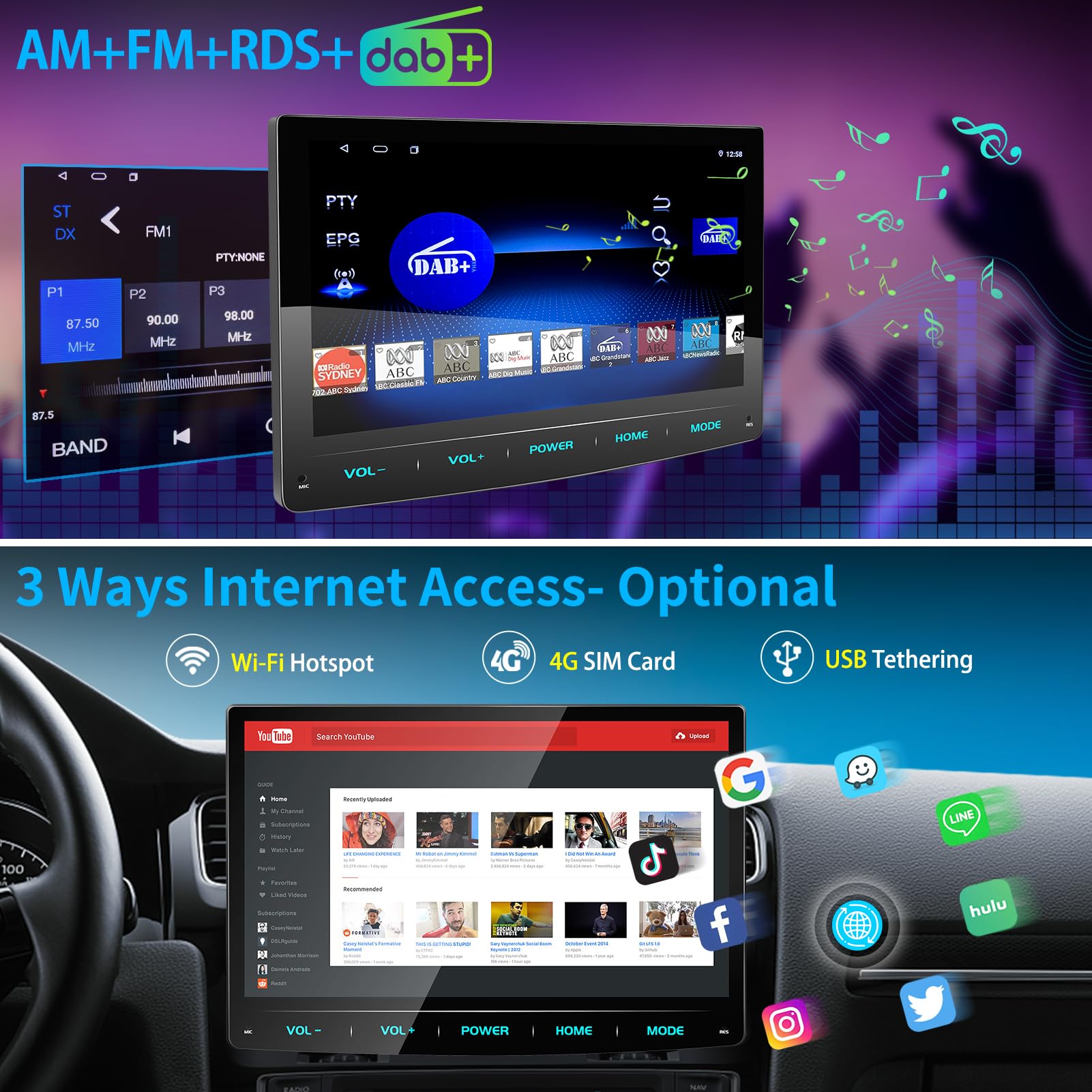 URVOLAX Android 13 Autoradio 1 Din con Schermo, CarPlay Wireless Android Auto 10.1 Pollici Radio Bluetooth Car Play Touchscreen Stereo Monitor Navigatore DAB+ 8 Core 32G Wifi 4G GPS Retrocamera