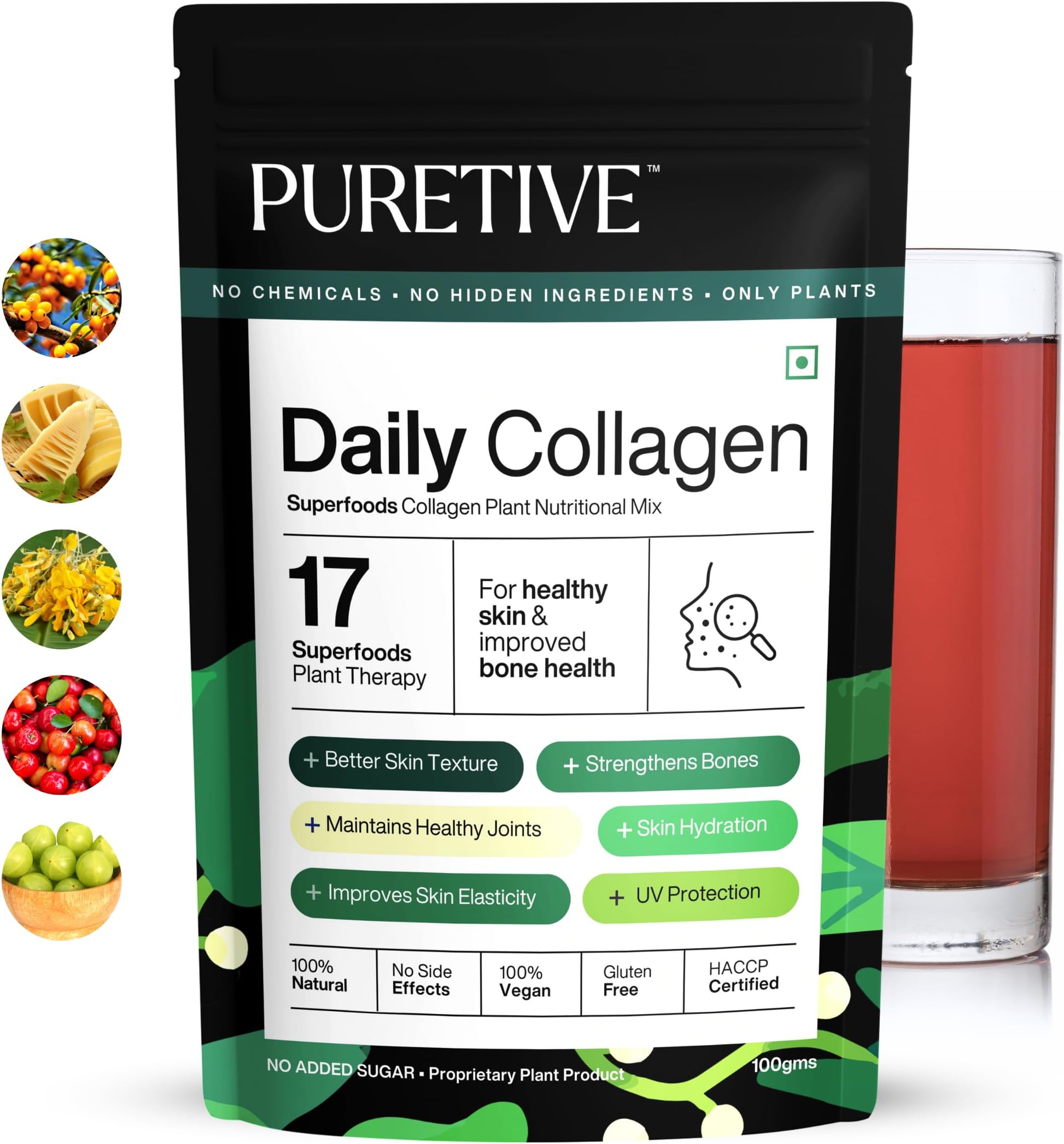 Puretive Daily Collagen Builder | Plant Based Vegan Powder | Marine Collagen Alternative | For Glowing Skin, Hair, Nails, Joint & Bone Support | Vitamin C Botanical Blend | 100g Supplement