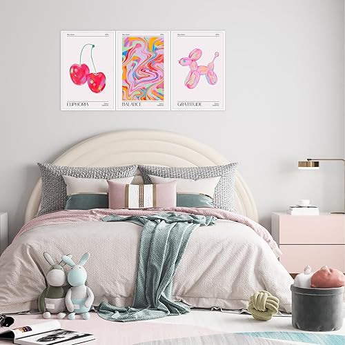 Miniatura 3 de Juego de 3 pósteres abstractos coloridos de cereza excitada de moda, bonito globo de perro, lienzo rosa, estilo de los años 70, pintura para el