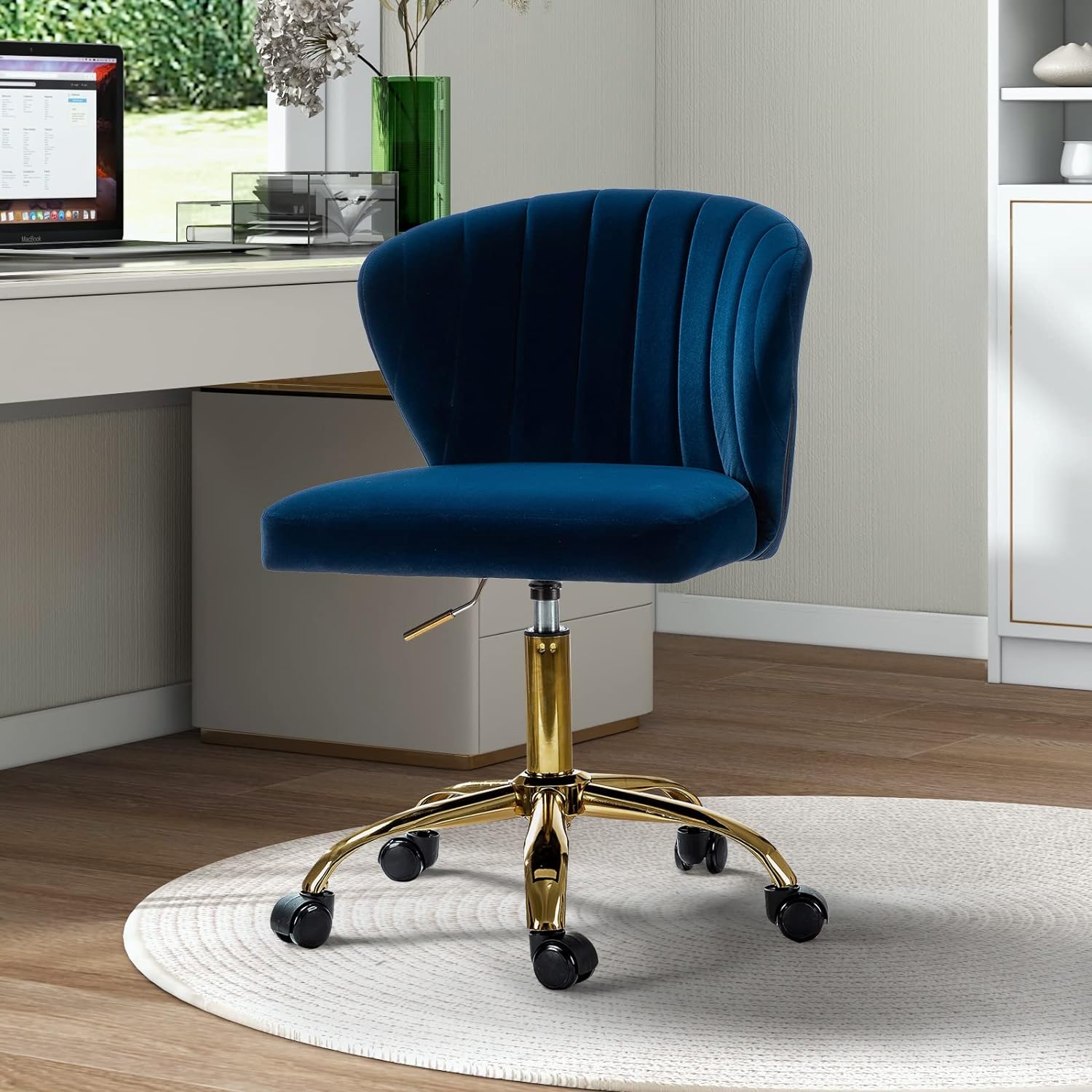 Modern Velvet Armless Office Chair with Wheels and Gold Base, Adjustable Low Back Swivel Rolling