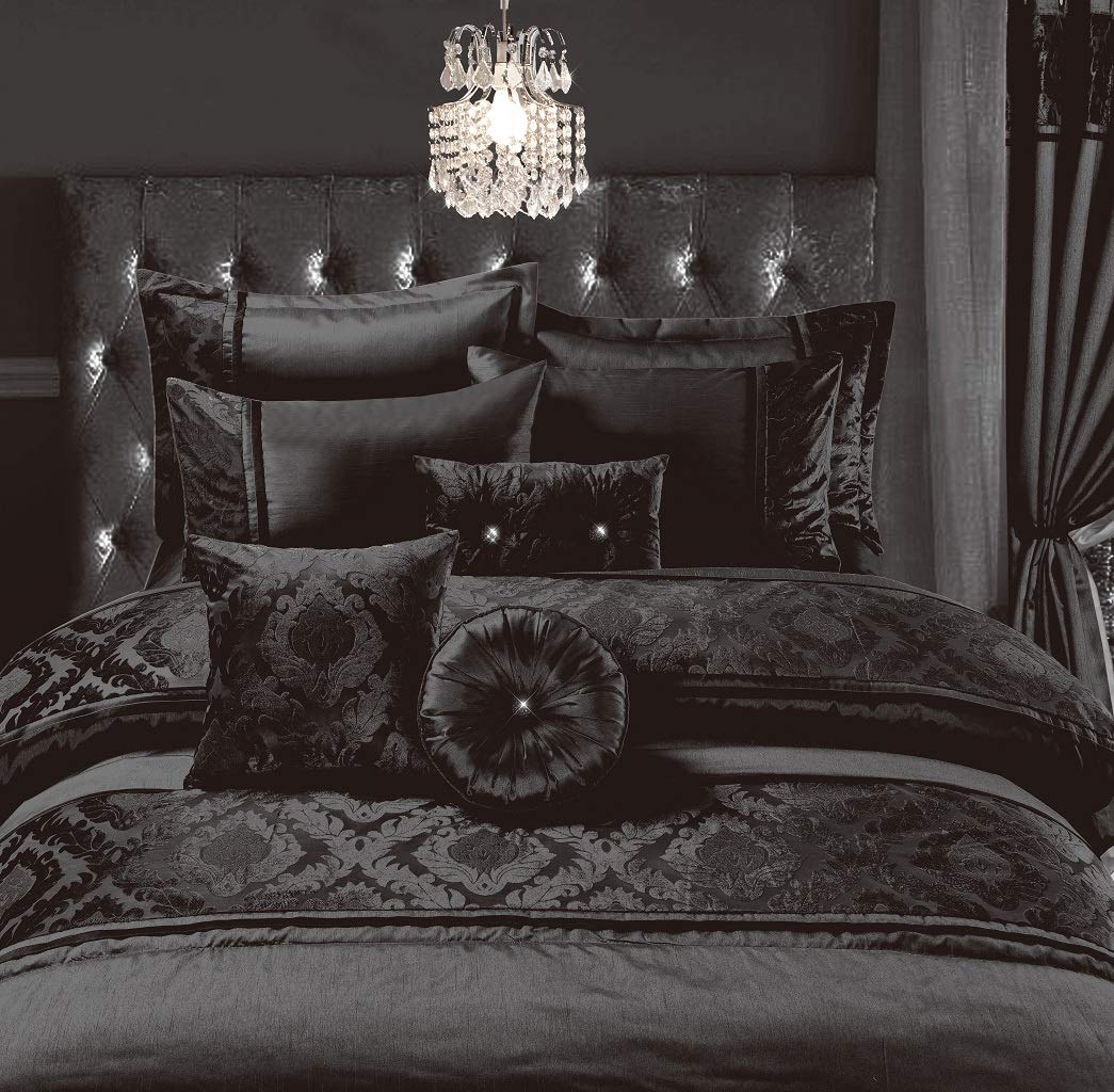 Luxurious Embroidered Casablanca Duvet Quilt Cover Bedding Set with Matching Pillowcases, Bed Throw with Pillow shams, Curtains & Filled Cushions Bed Linen Set (Black, Curtains 66x90cm)