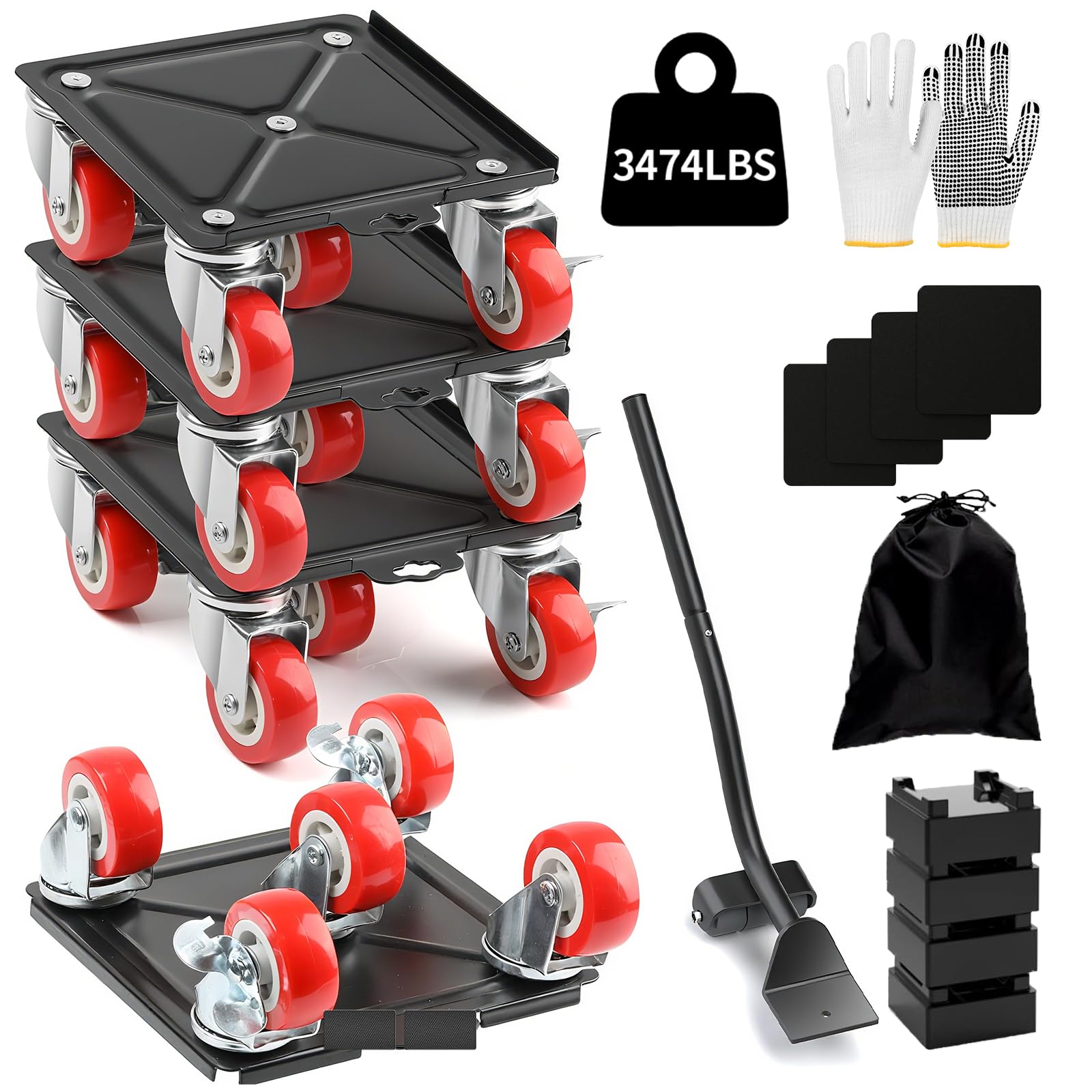 Upgrade 3474LBS Heavy Duty Furniture Dolly & Movers, 6.5" Carbon Steel Panel with 5 360° Rotatable Rubber Universal Wheels, Includes Non-Slip Sliders