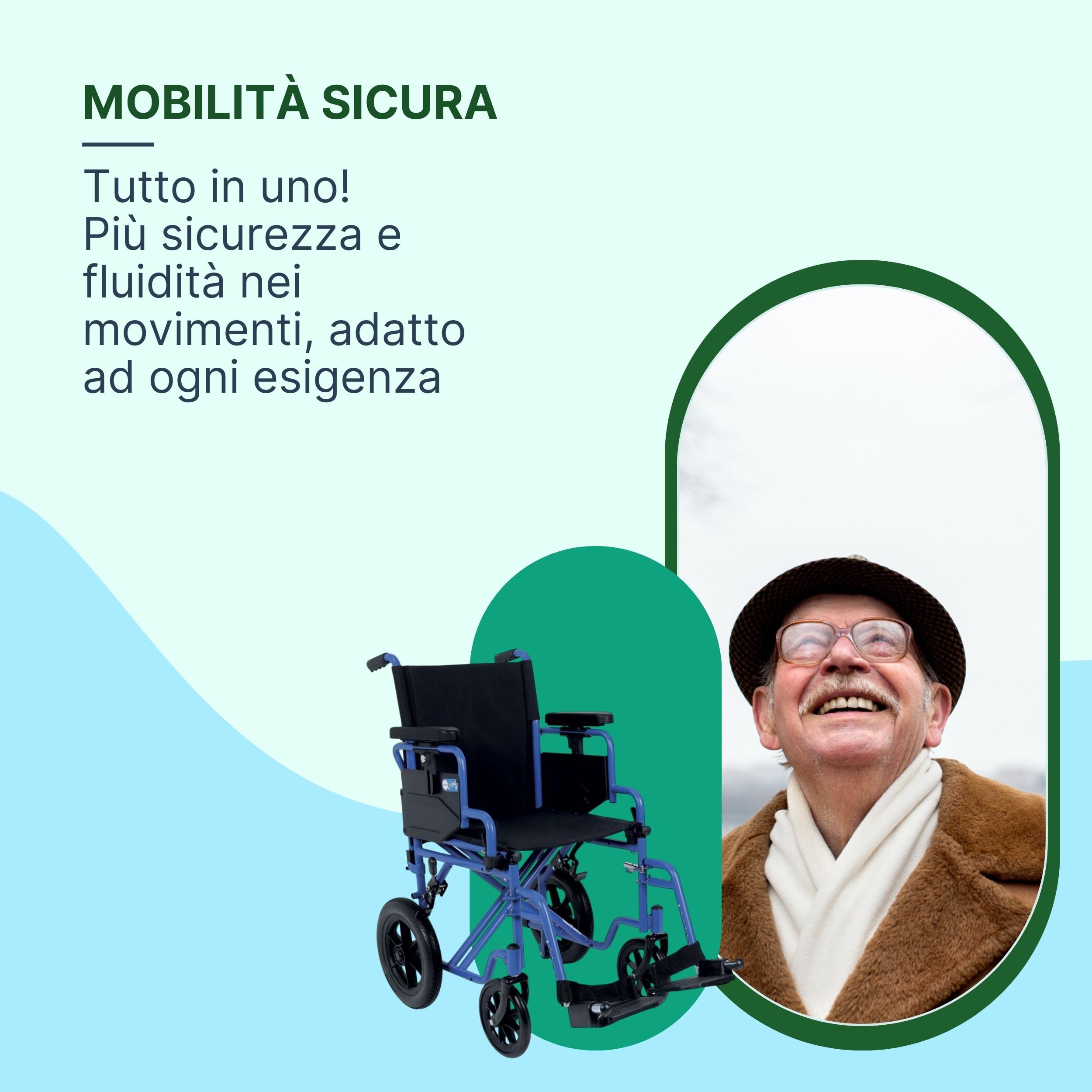 Sedia a Rotelle Pieghevole Leggera da Transito, 43 cm, Blu | Carrozzina per Disabili Predisposta per Autospinta, Crociera Doppia, Ruote a Sgancio Rapido, Braccioli Regolabili in Altezza