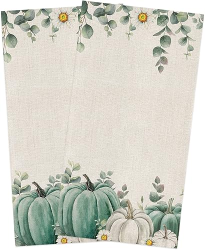 Juego de 2 paños de cocina con diseño de calabazas color verde salvia pastoral, paños de limpieza bohemios, absorbentes de hojas de eucalipto, de