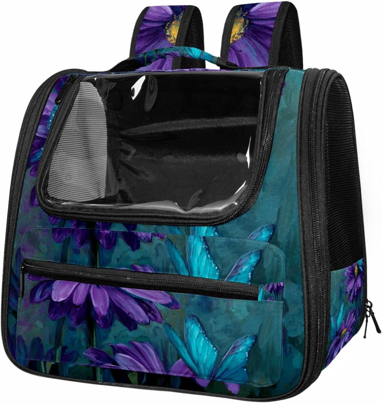 Portable Travel pet Backpack Carrier Hamster Bag Small Dog cat Carrier Breathable Hang Bag, Teal Purple Daisy Flower Butterflies (3)