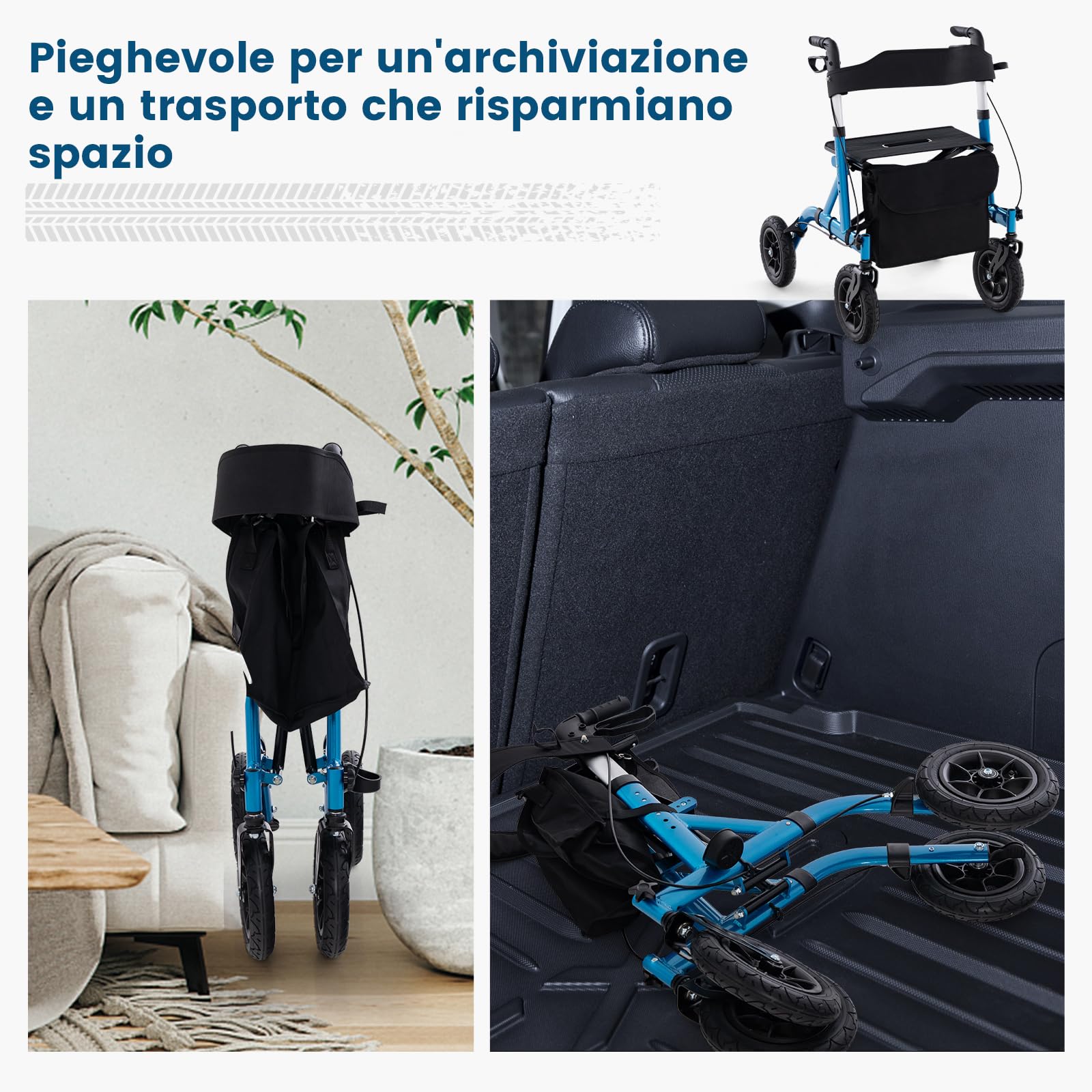 COSTWAY Deambulatore con Seduta 2 in 1, Rollator Pieghevole per Anziani con 4 Ruote, Maniglie Regolabili in Altezza 81-94cm, Portaombrelloni e Borsa Portaoggetti, Carico Massimo 160 kg (Blu)