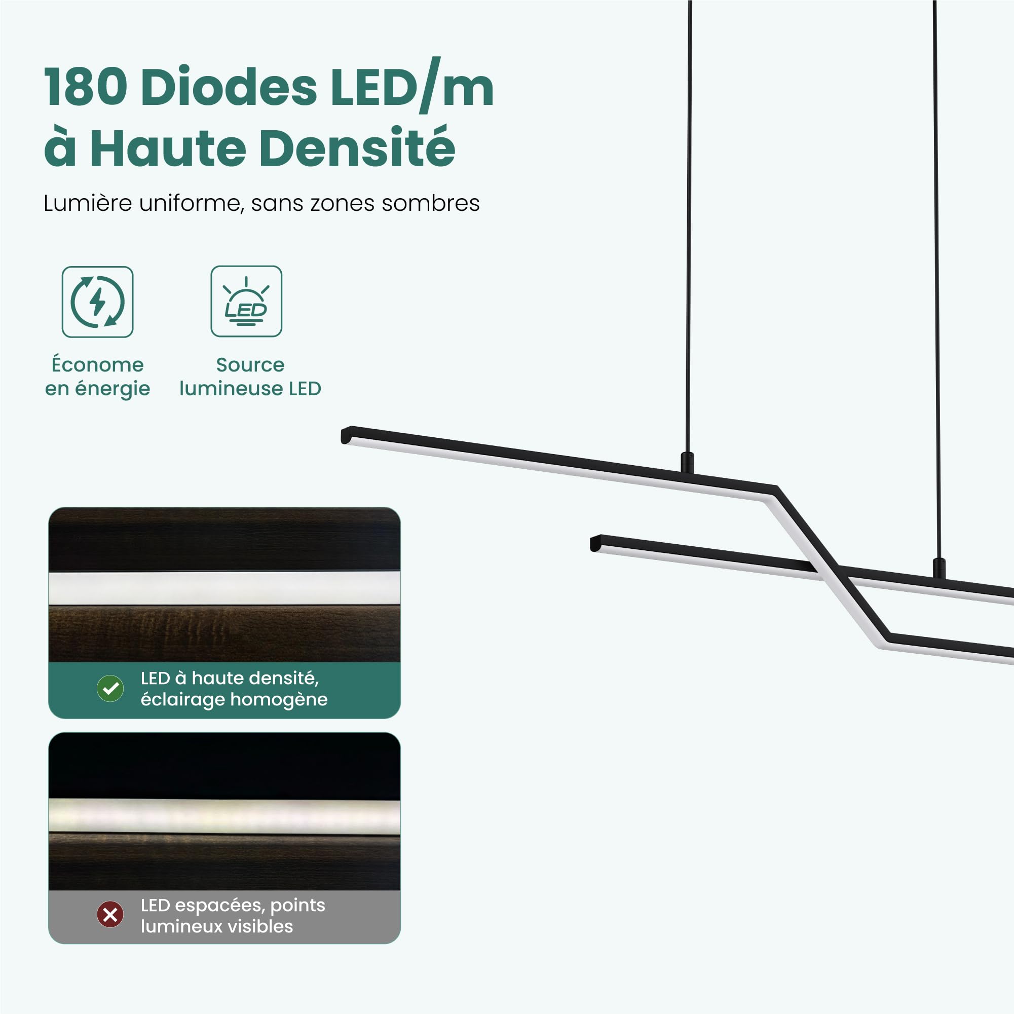 Mai & Mai Lustre 3000/4000/6000K Câble Réglable Lumières Suspension pour Cuisine Chambre Salon Noir 105cm