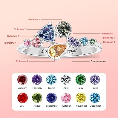 Personalized Mothers Ring with 1-8 Simulated Birththstones, Unique Shaped Customized Engraved Text Promise Rings Birthday Gift for Mom Grandma