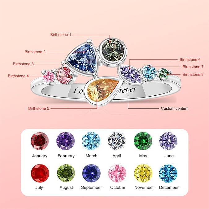 Personalized Mothers Ring with 1-8 Simulated Birththstones, Unique Shaped Customized Engraved Text Promise Rings Birthday Gift for Mom Grandma