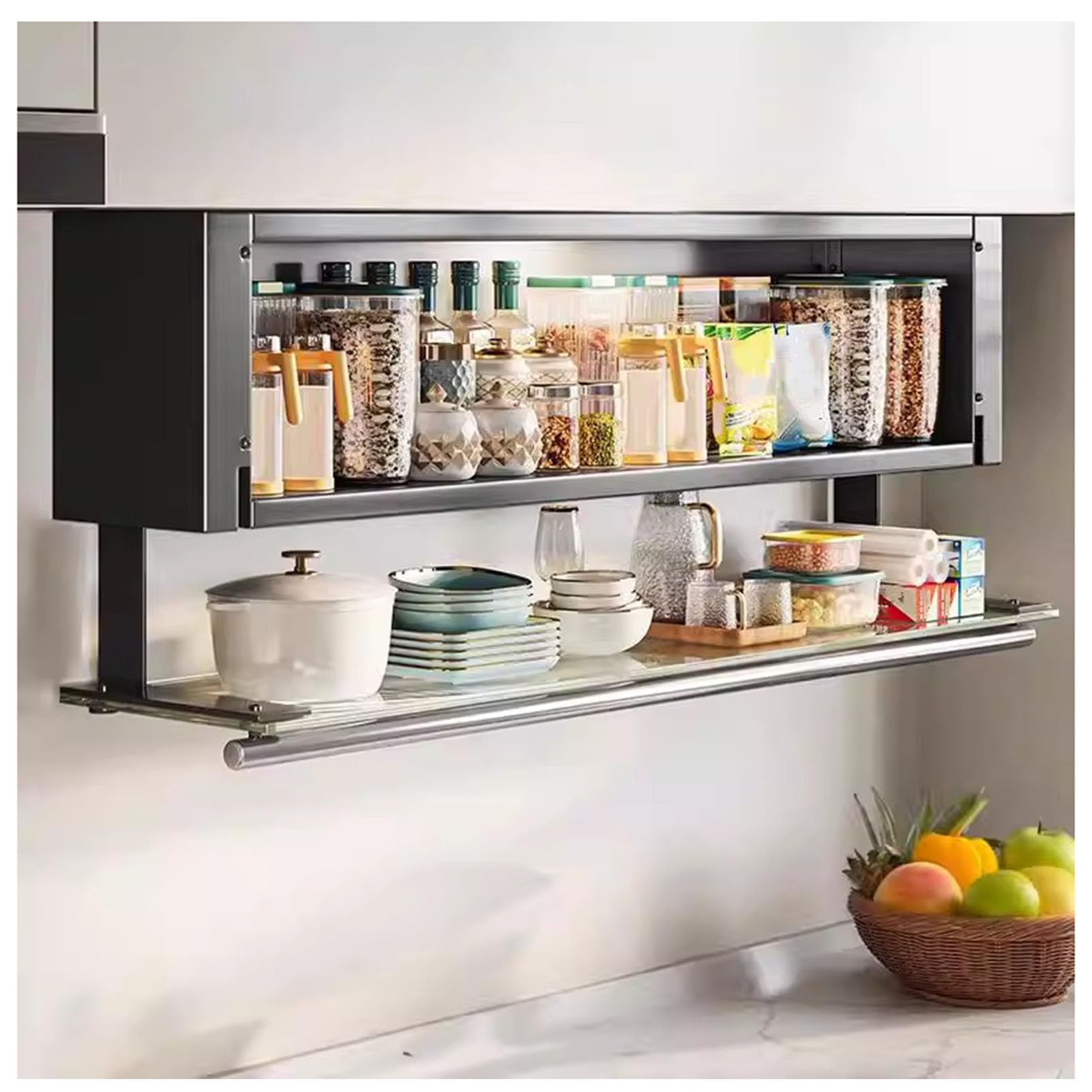 Armoire de Rangement Murale avec Porte en Verre Rabattable, Organisateur de Garde-Manger de Cuisine et Buffet pour épices/Assiettes/Tasses, Armoire de Bar à vin et café pour Salle à Manger