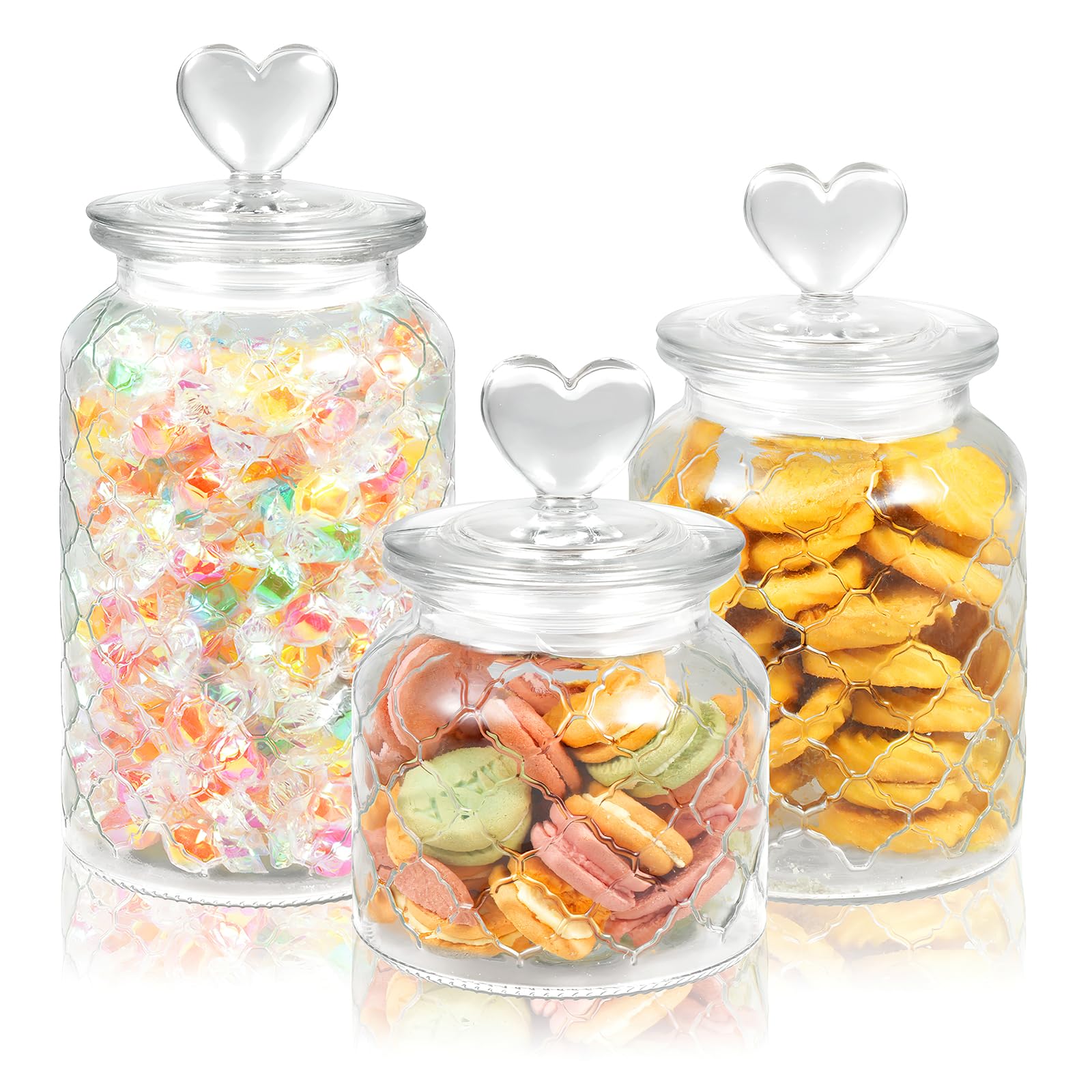 Rainmae Lot de 3 pots à bonbons et biscuits en forme de cœur avec couvercles, 56 cm, 81 ml, 1,275,7 g, en forme de cœur, boîtes hermétiques en verre pour cuisine, apothicaire (transparent)