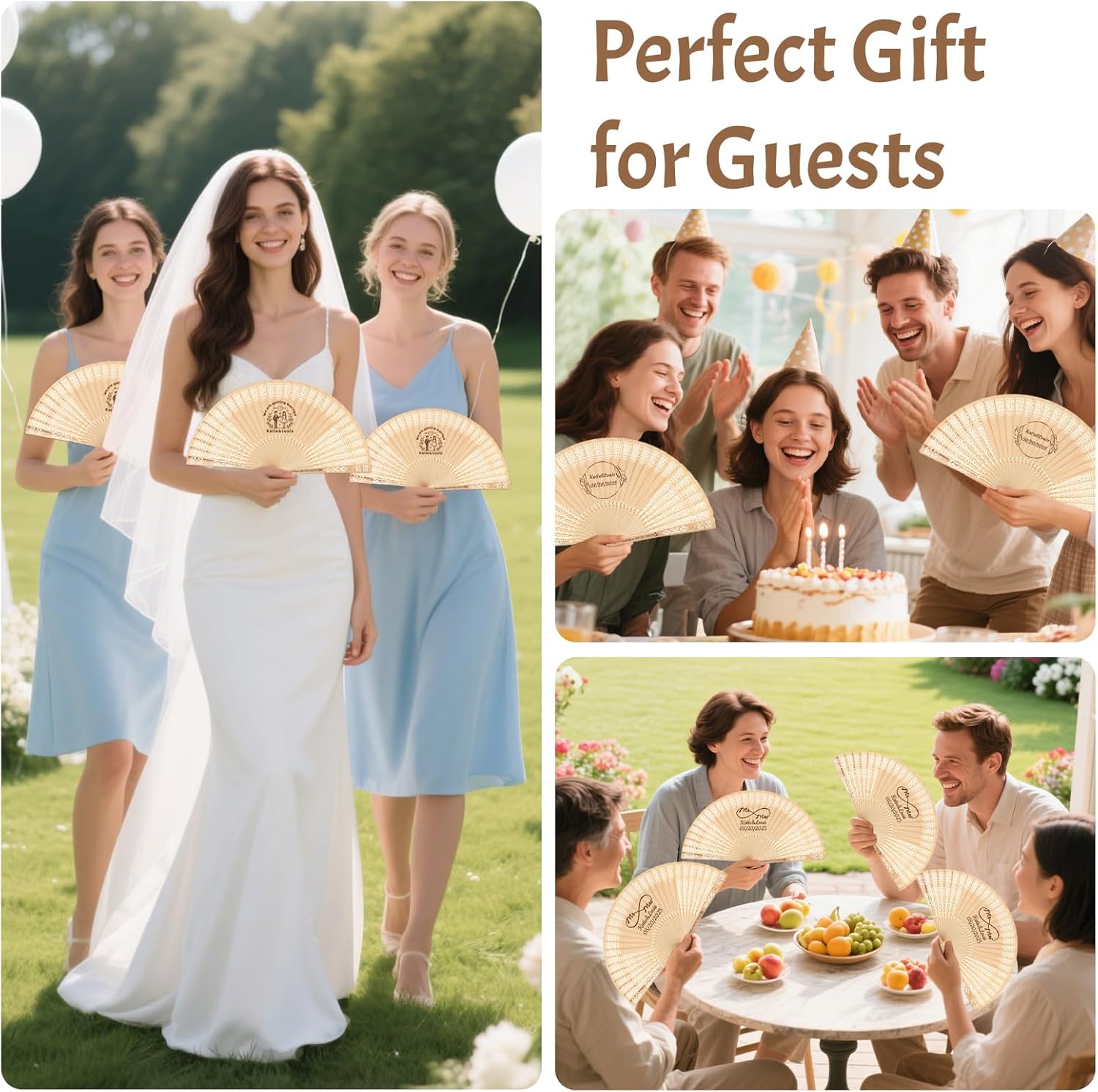 HJX Personalized Wooden Folding Hand Fans Custom Engraved with Organza Bags Wedding Party Favors for Guests Bulk (100, Style-2)