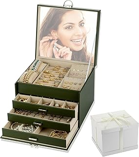 Exgox ジュエリーボックス 大容量 アクセサリーケース 4段式 PUレザー アクセサリー 収納 ジュエリー レディース 鏡付き 鍵付き アクセサリー イヤリング ネックレス 腕時計 アクセサリーケース 宝石箱 持ち運び 誕生日 母の日 結婚祝い クリスマス バレンタインデー 記念日 プレゼント用(グリーン)
