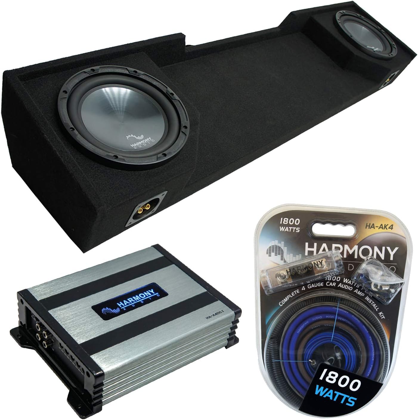 Harmony Audio Compatible with 1988-1998 Chevy CK Silverado Extended Cab Truck Harmony Bundle R104 Dual 10" Sub Box & HA-A400.1