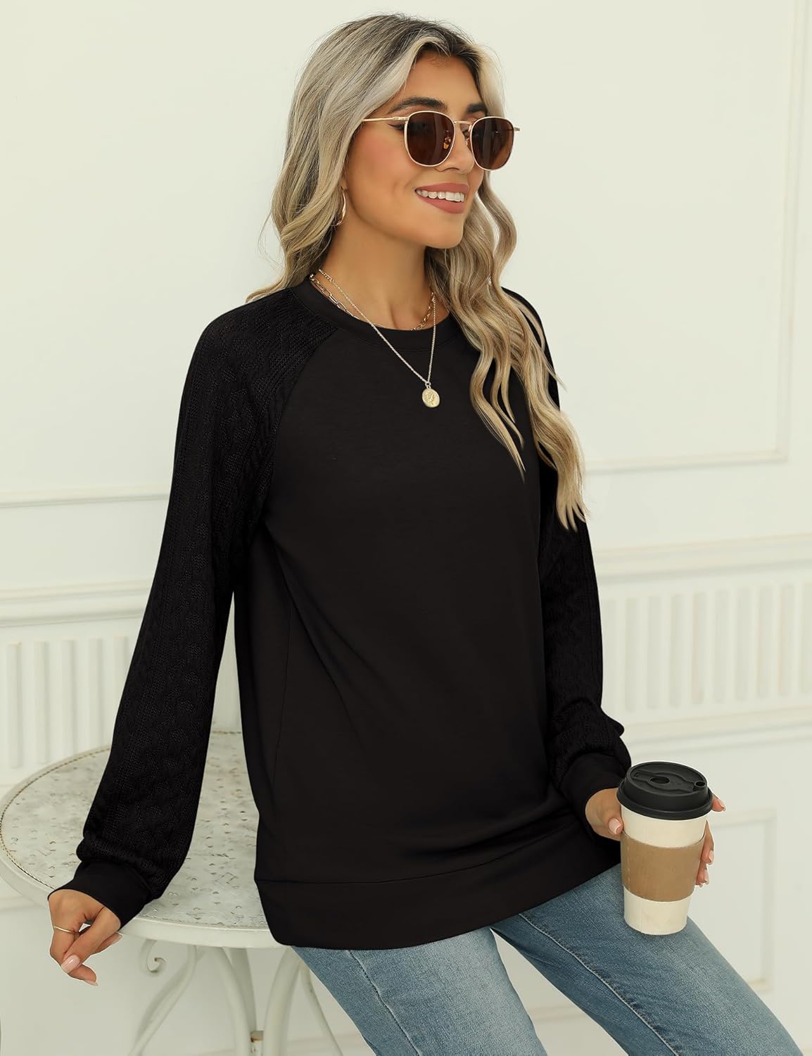 LOMON Long Sleeve Shirts for Women Dressy Casual Crewneck Cable Knit Sleeve Sweaters Lightweight Pullover Tunic Tops - Image 2