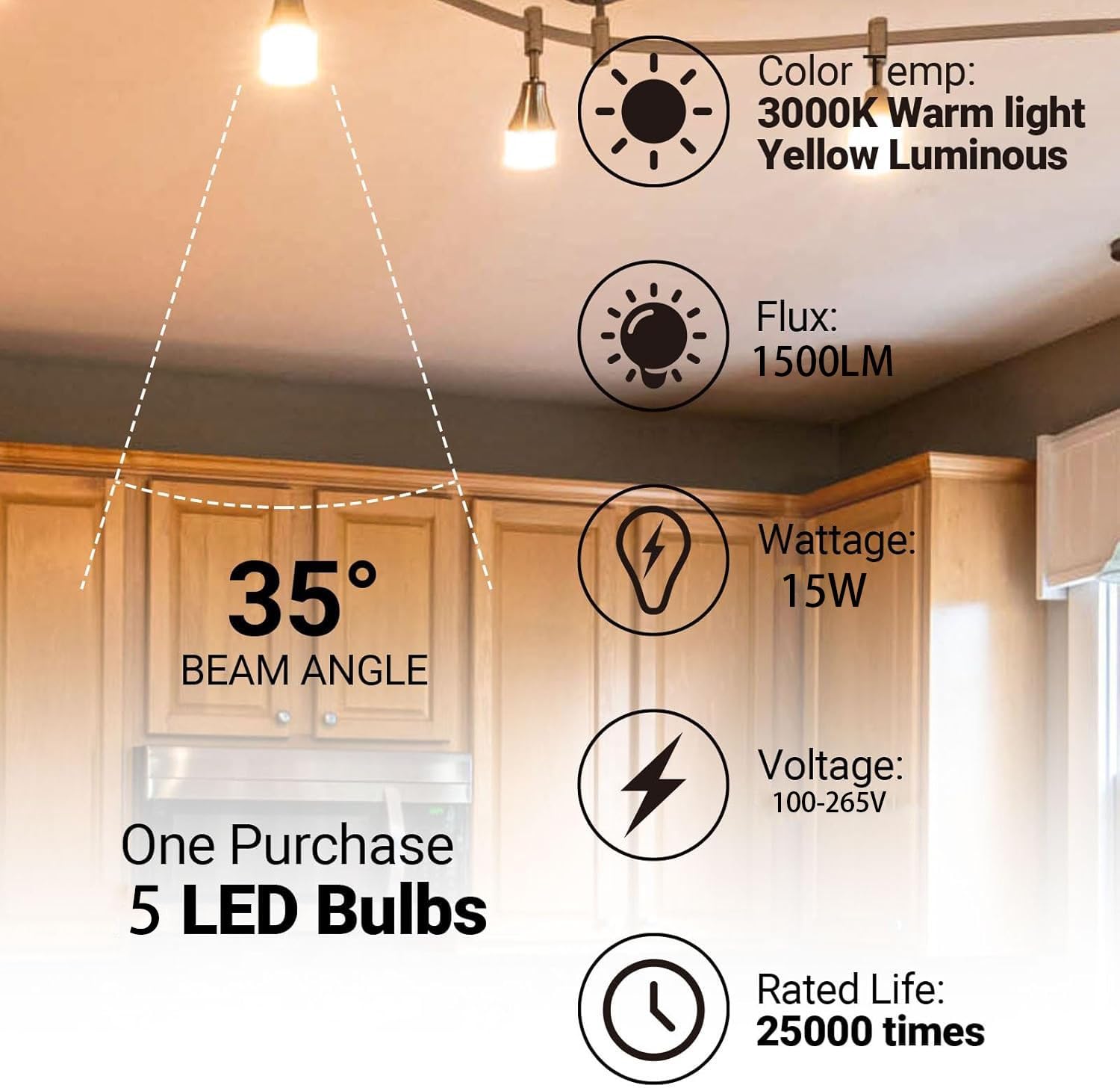 lámparas LED, Bombillas LED GU10 de 15 W, equivalentes a 100, paquete 5, 1500 lúmenes, CA 100-265 V, ángulo haz 38°, no regulables(Natural White)