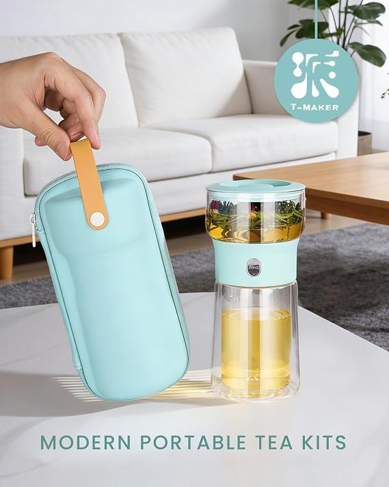ZENS Modern Glass Tea Infuser Teapot, Smart One Touch Tea Maker for Loose Tea Diffusers with Insulated Mug and Cute Portable Tea Kits for Tea Lover Gifts