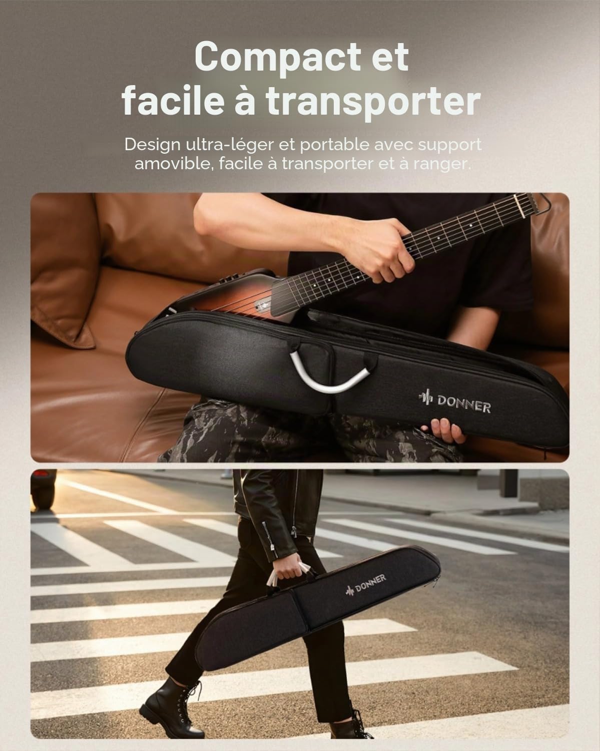 Donner HUSH-I Guitare de voyage – Guitare acoustique-électrique portable ultra légère et silencieuse sans tête, corps en acajou avec cadres amovibles, sac de transport et accessoires, naturel