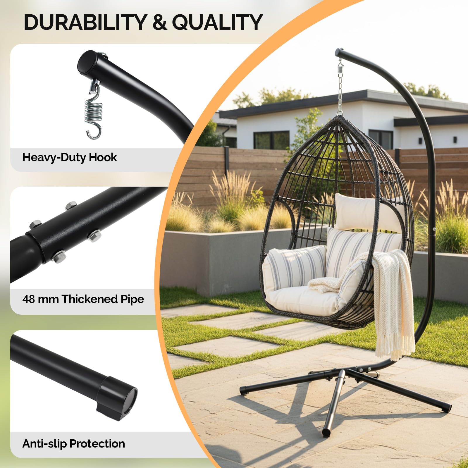 Support de Hamac - Charge Maximale 180 KG, Support de Chaise Suspendue en Forme de C, 125 x 104 x 195 CM Crochet à Ressort, pour Jardin/Balcon/Maison