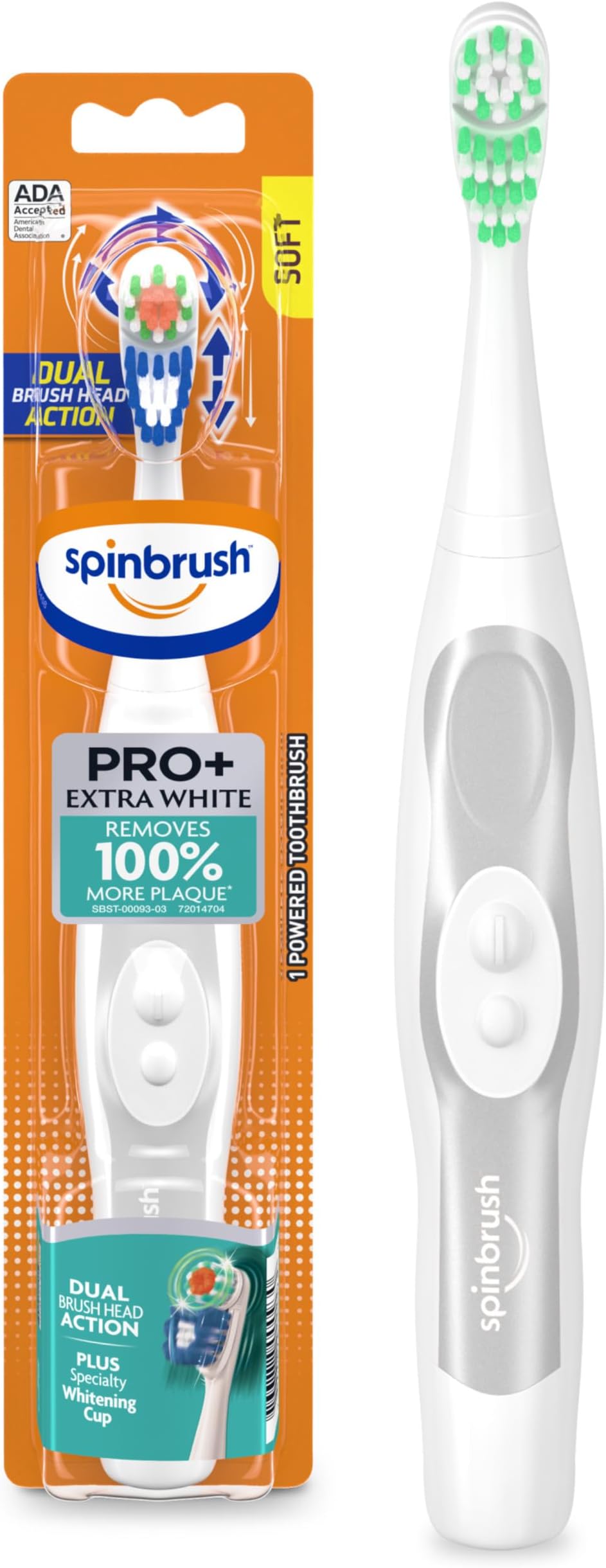 Spinbrush PRO+ Extra White Electric Toothbrush, Battery-Operated Toothbrush, Soft Bristles with Whitening Cup