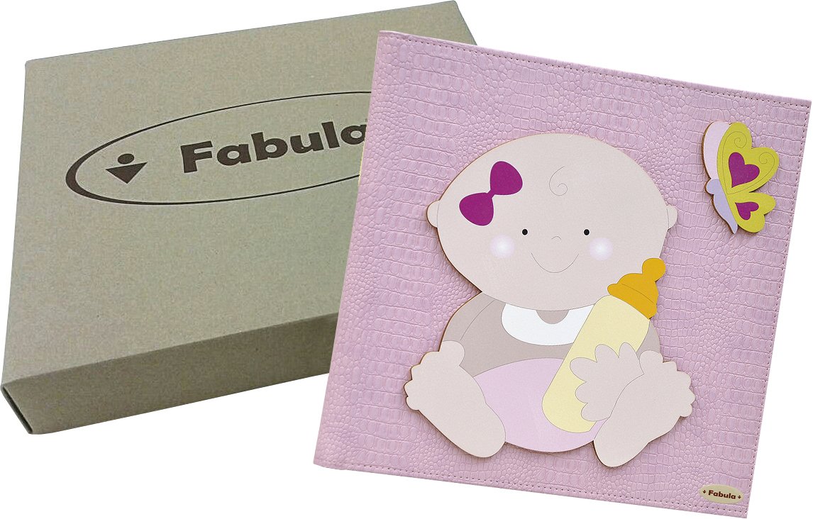 Fabula Linea Bimbo Biberon - Album per fotografie Bimbo Rosa - Formato cm 30x30 con Copertina in Ecopelle Rosa e Applicazioni in Legno - 60 Pagine Avorio - cod. 165270