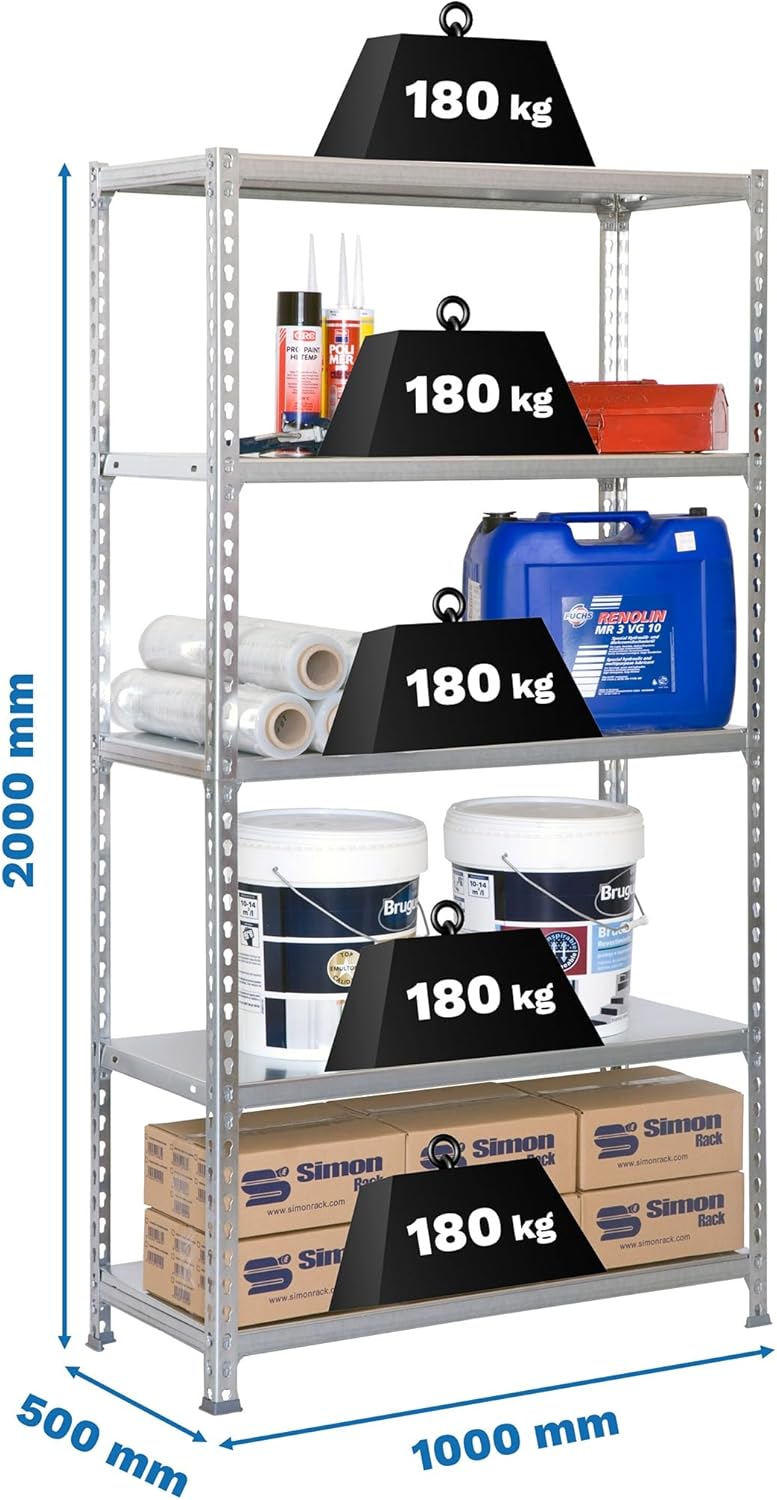 Simon Rack Simonclick Heavy-Duty Shelving, 2000 x 1000 x 500 mm, Maximum Load 180 kg, 5 Adjustable Shelves, Cellar Shelf, Storage Shelf, Grey/Galvanised