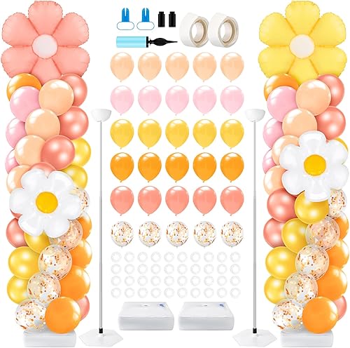 Miniatura 13 de Kasyat Juego de 2 soportes de columna de globos de discoteca de los años 90 y 80 con bola de discoteca, nota musical, globo de estrella explosiva de