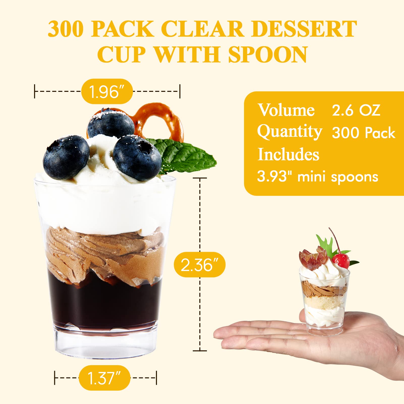 JOLLY CHEF 300 PACK 2.6 OZ Mini Dessert Cups with Spoons, Clear Plastic Pudding Appetizer Cups for Party - Small Reusable Serving Bowl Clear Plastic Cups Ideal for Christmas Halloween Wedding