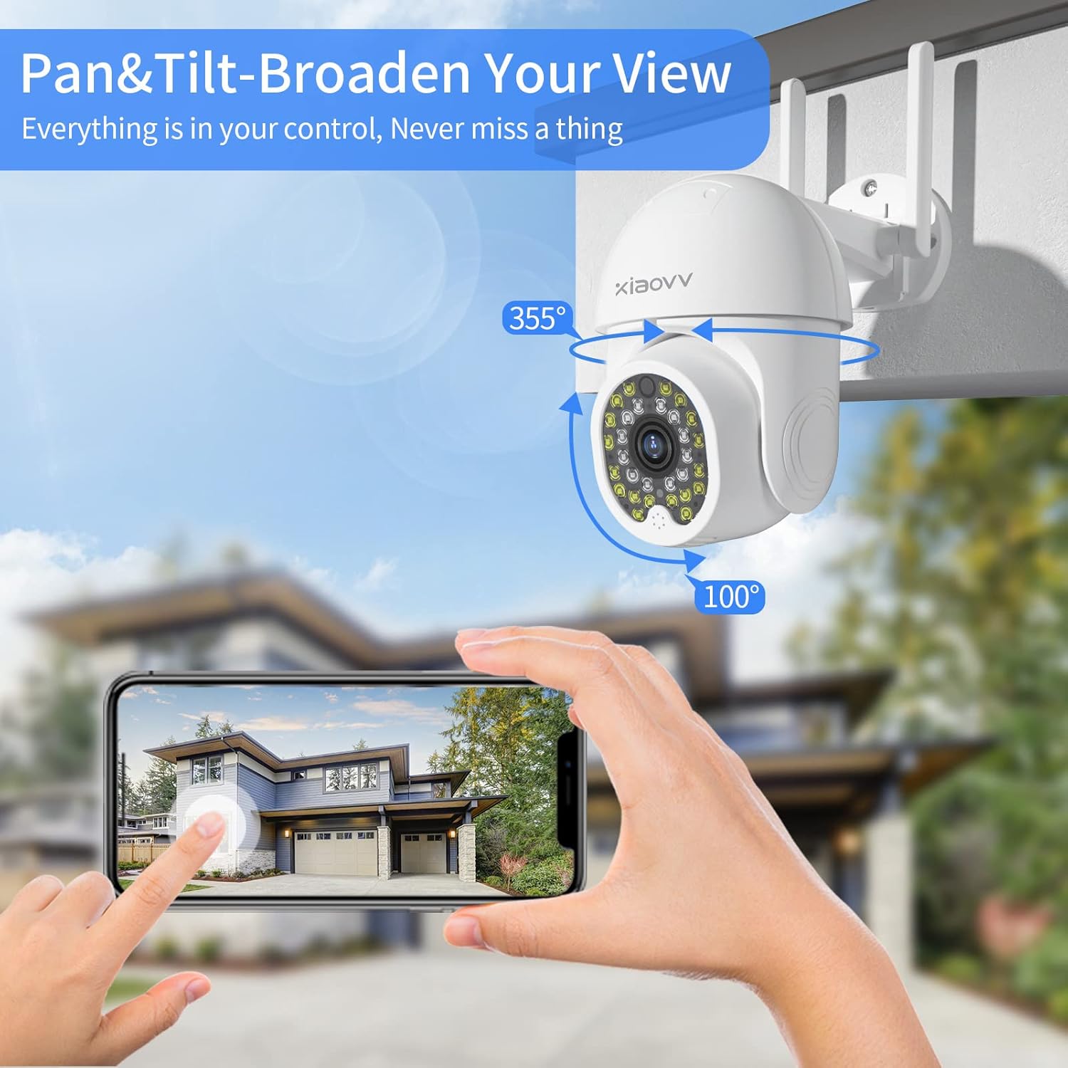 XIAOVV 2MP Outdoor Wi-Fi Security Camera mounted on a wall, showing its 355 degree horizontal and 100 degree vertical rotation capabilities