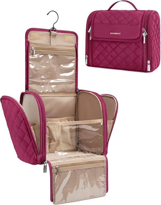 Necessaire de viagem BAGSMART com gancho, compartimentos transparentes e alça – Vermelho Garnet Red