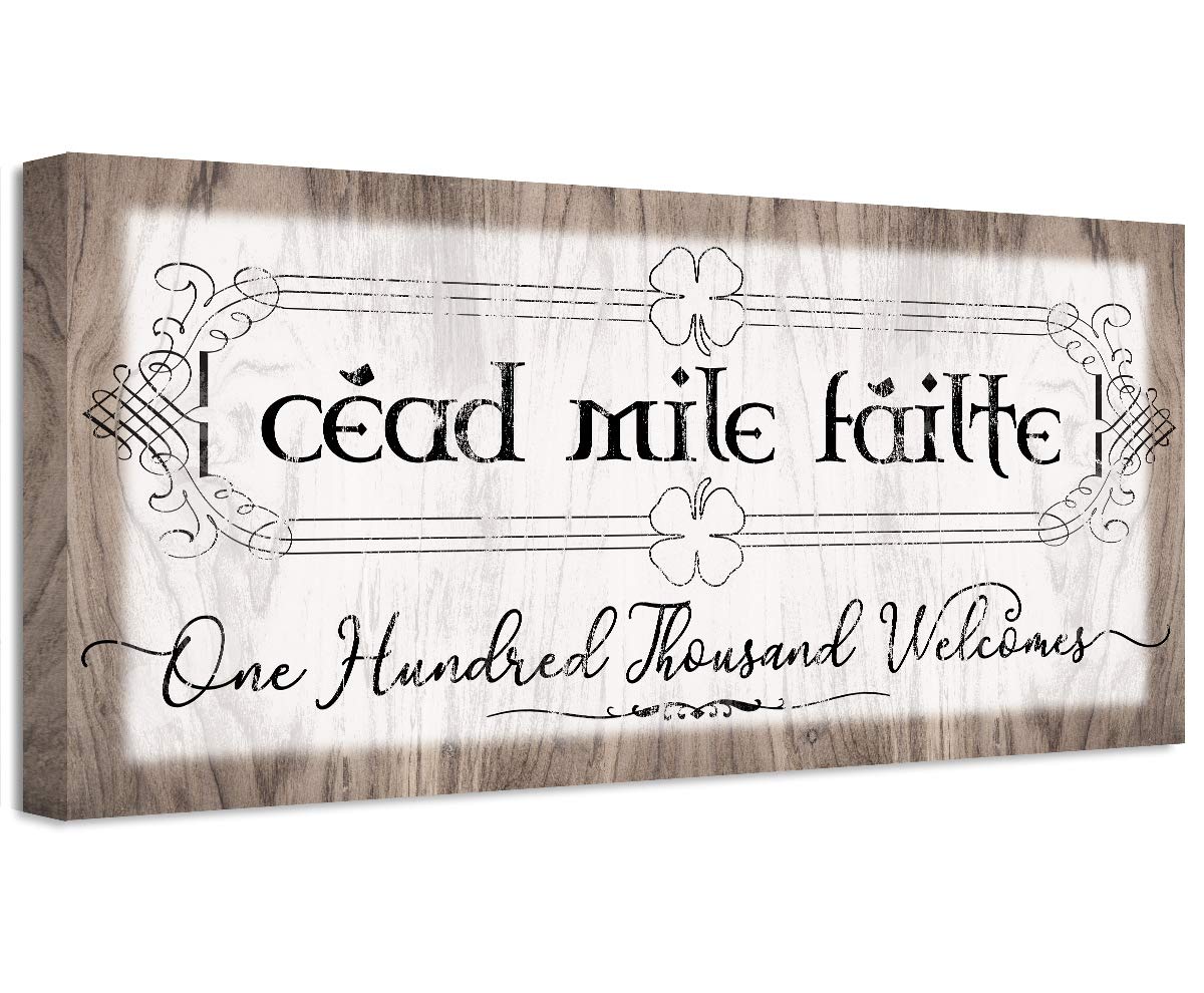 Cead Mile Failte Print - Irish Welcome Sign, A Hundred Thousand Welcomes Print, Classic Porch Decoration, Great Housewarming and Irish Gift for Home, Wood Style Stretched Canvas Art Print 12x24