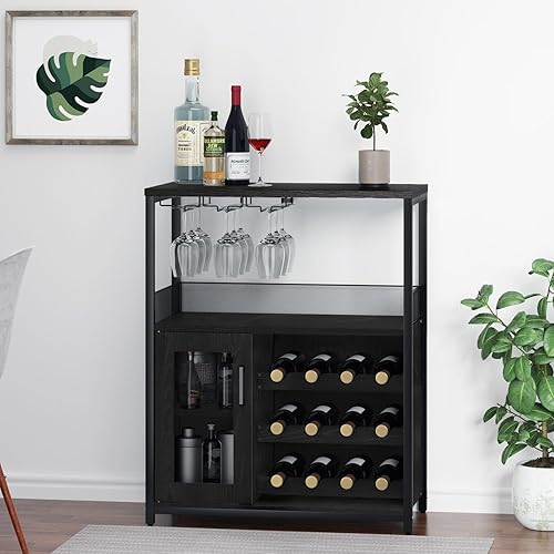 Miniatura 4 de IDEALHOUSE Armario de bar de vinos de 3 niveles con estante y cajón desmontable para vinos, aparador industrial y gabinete de buffet con soporte de
