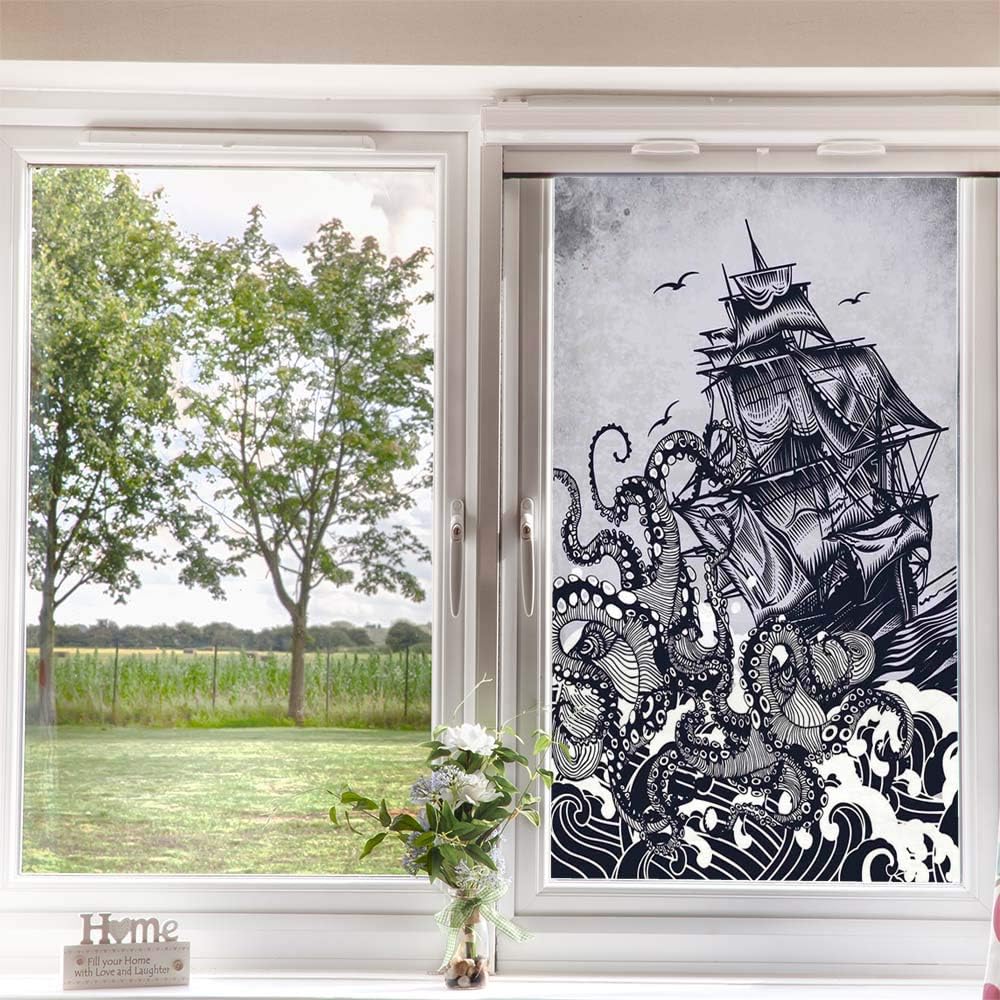 Nautical Window Film Privacy Window,Kraken Octopus Tentacles Ship Sail Old Boat in Ocean Waves Room Darkening Window Privacy Film Removable,Indigo Purpleblue 24" x 36"