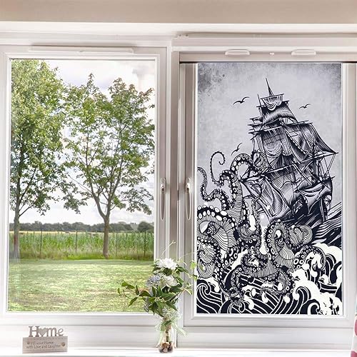 Miniatura 3 de Película náutica para ventana, privacidad para ventana, tentáculos de pulpo Kraken, barco, barco viejo en olas del océano, oscurecimiento de
