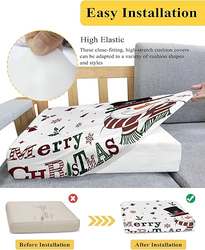Miniatura 5 de Wowouhiya Fundas de cojín navideñas para sofá, funda elástica para sofá con parte inferior elástica, diseño de muñeco de nieve blanco, Navidad,