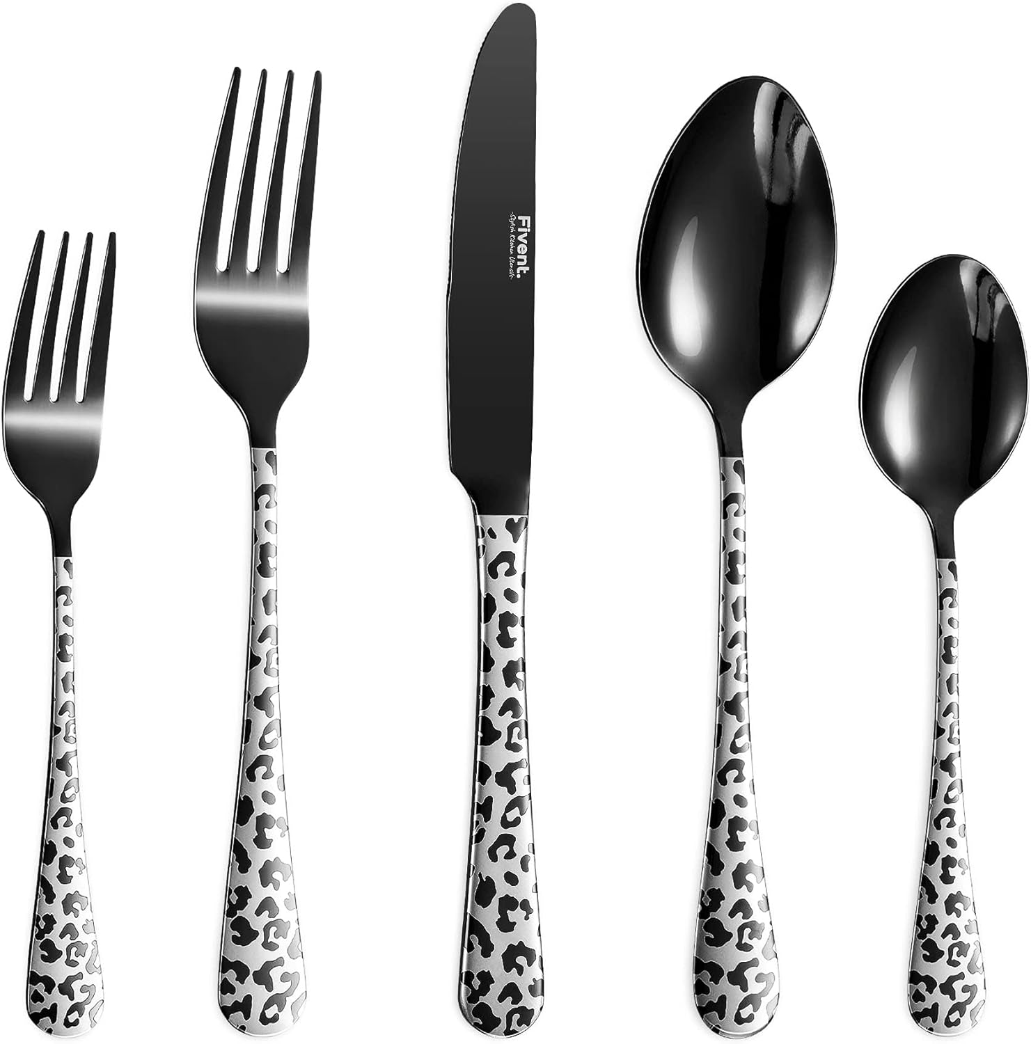 Leopard Black Cutlery Set – 20 pcs – Includes 8 x Spoons, 8 x Forks, 4 x Knife – Stainless Steel, Dishwasher Safe, Mirror Polished Tableware – Durable Flatware – Home Kitchen Leopard Black Cutlery Set – 20 pcs – Includes 8 x Spoons, 8 x Forks, 4 x Knife – Stainless Steel, Dishwasher Safe, Mirror Polished Tableware – Durable Flatware – Home Kitchen