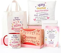 Kembilove® Pack Regalo Mamá – Kit con Taza, Cojín y Bolsa – Regalo Original para Madre Cumpleaños Día de la Madre – Caja Regalo con Tarjeta