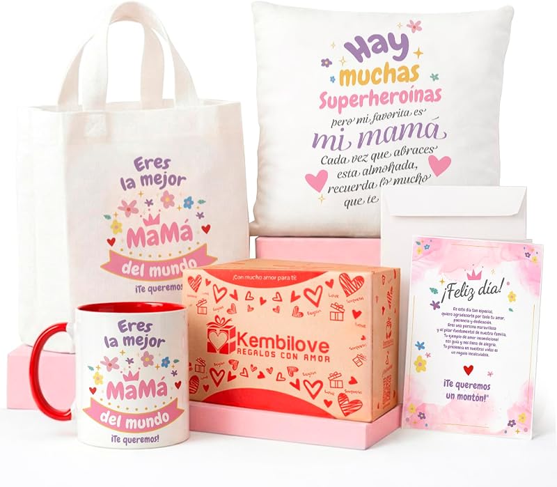 Kembilove® Pack Regalo Mamá – Kit con Taza, Cojín y Bolsa – Regalo Original para Madre Cumpleaños Día de la Madre – Caja Regalo con Tarjeta