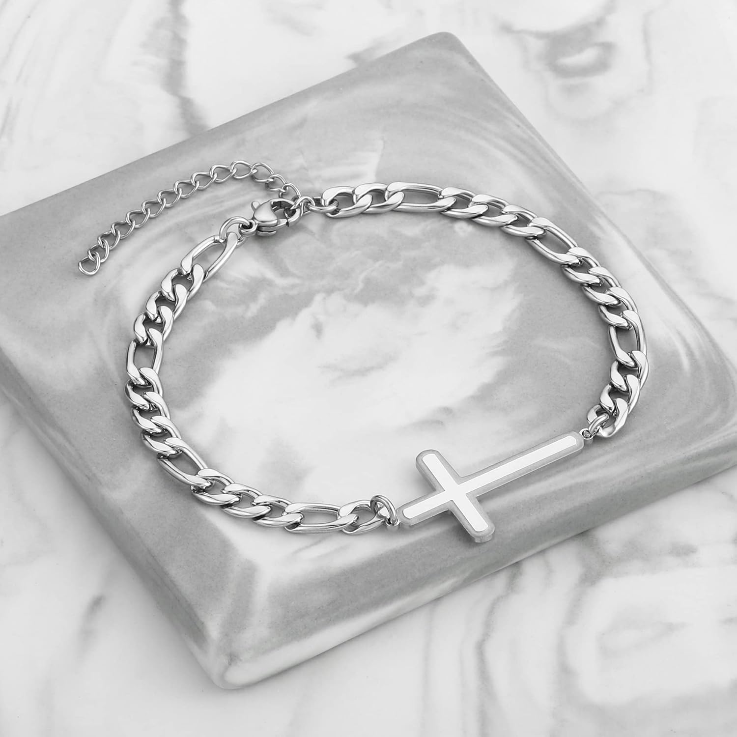 Silver Cross Bracelet for Men Teens, Stainless Steel Cuban/Figaro Cross Chain Link Bracelet 5mm 7+2 Inches, Christian Religious Jesus Confirmation Jewelry Gifts for Him - Image 8