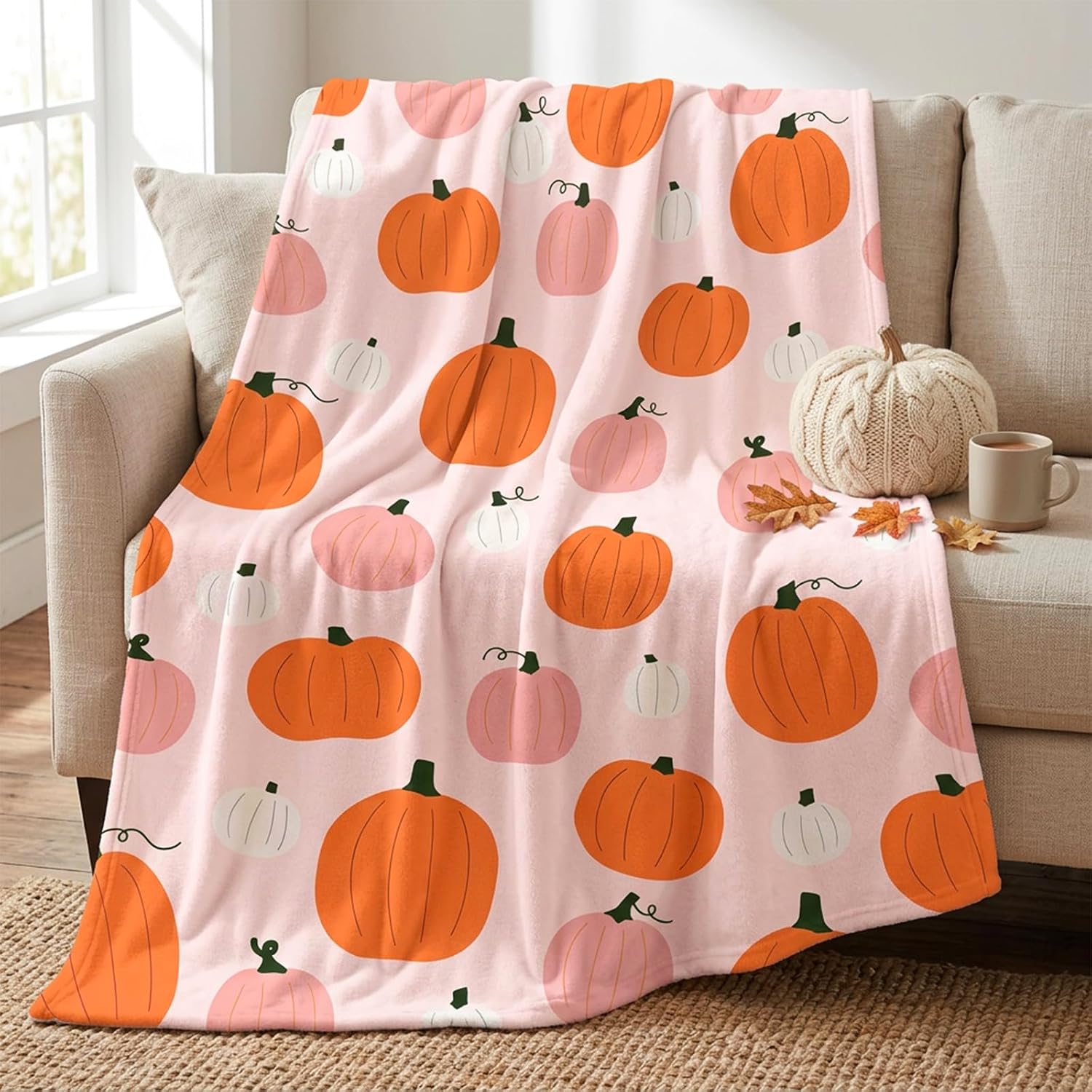 AnyDesign Fall Throw Blanket Orange Pink Pumpkin Blanket Decorative Soft Cozy Flannel Blankets for Autumn Harvest Thanksgiving Home Bed Sofa Couch Chair, 50 x 60 Inch