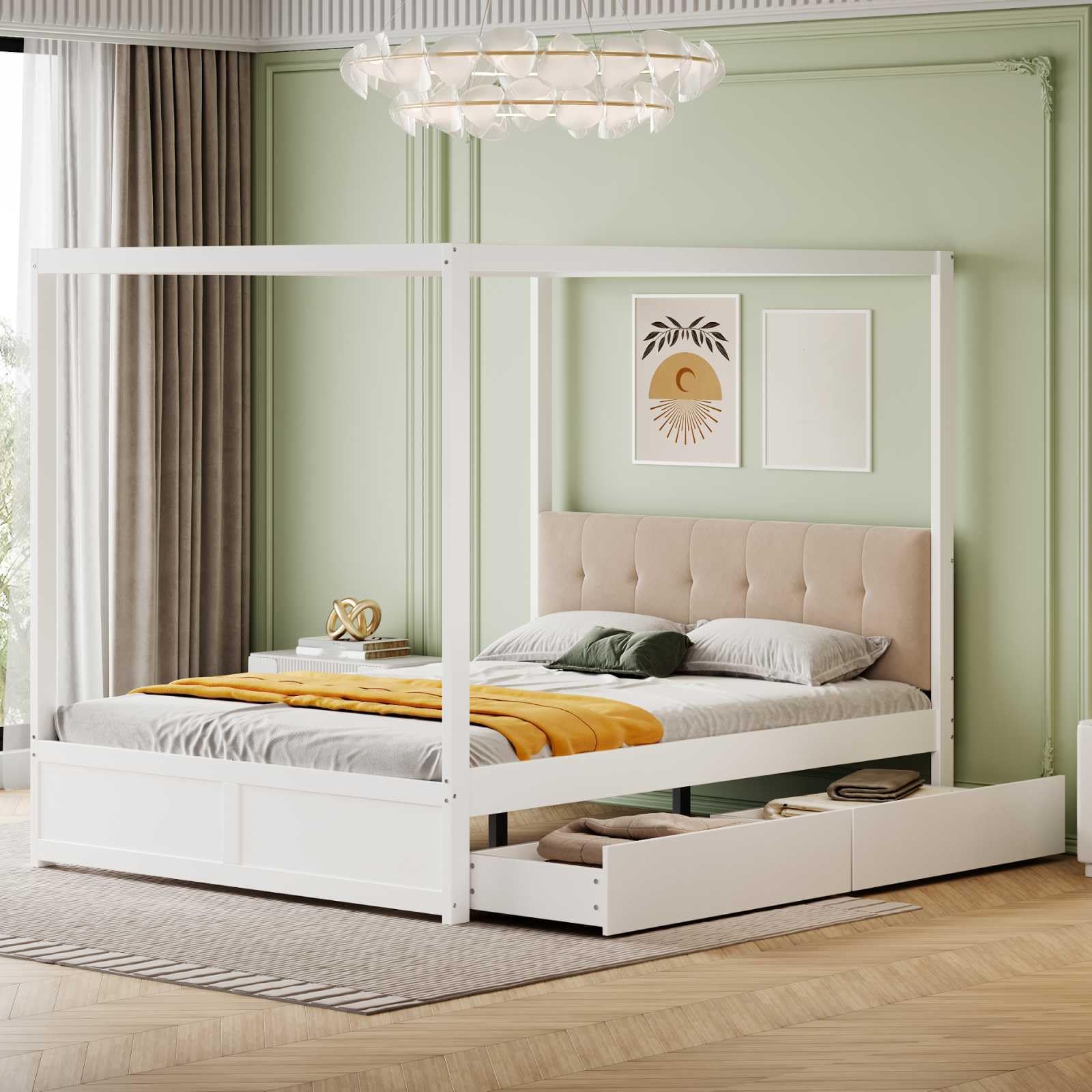 YEHTOKHOME Lit à baldaquin 140x200cm,lit Multifonctionnel avec Deux tiroirs,lit en Bois avec Dossier rembourré,lit Double avec sommier à Lattes(sans Matelas) (Blanc)