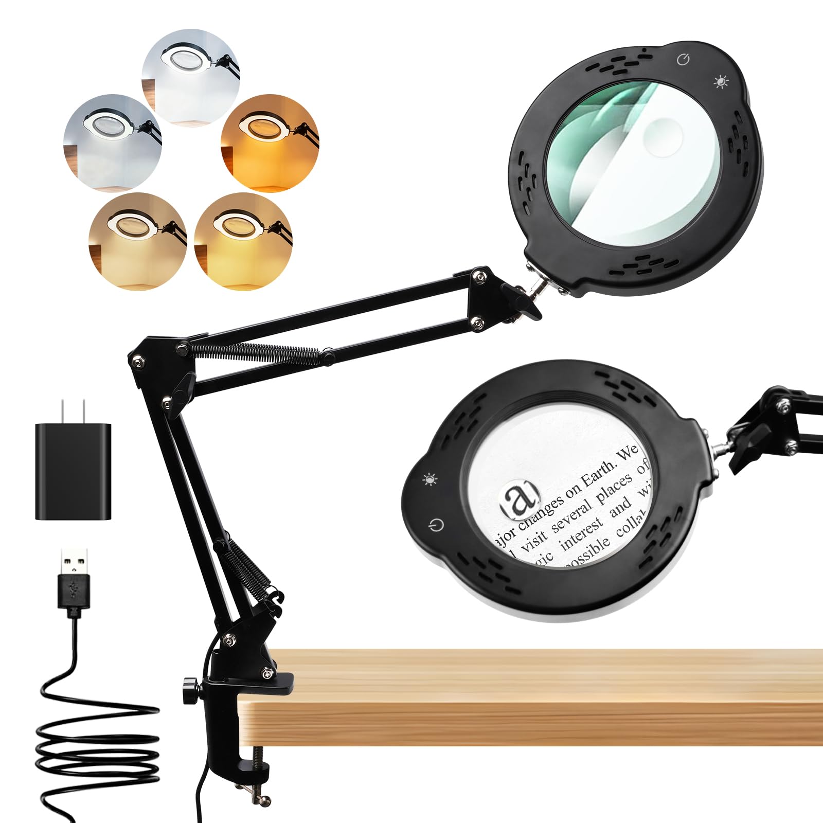 10-fache 30-fache Lupe mit Licht, Desktop-LED-Lupenlampe mit Klemme, 5 Farbmodi, 10 dimmbare Stufen, Lupe mit Licht, freihändiges Lesen, Basteln, Schmuck, Nähen