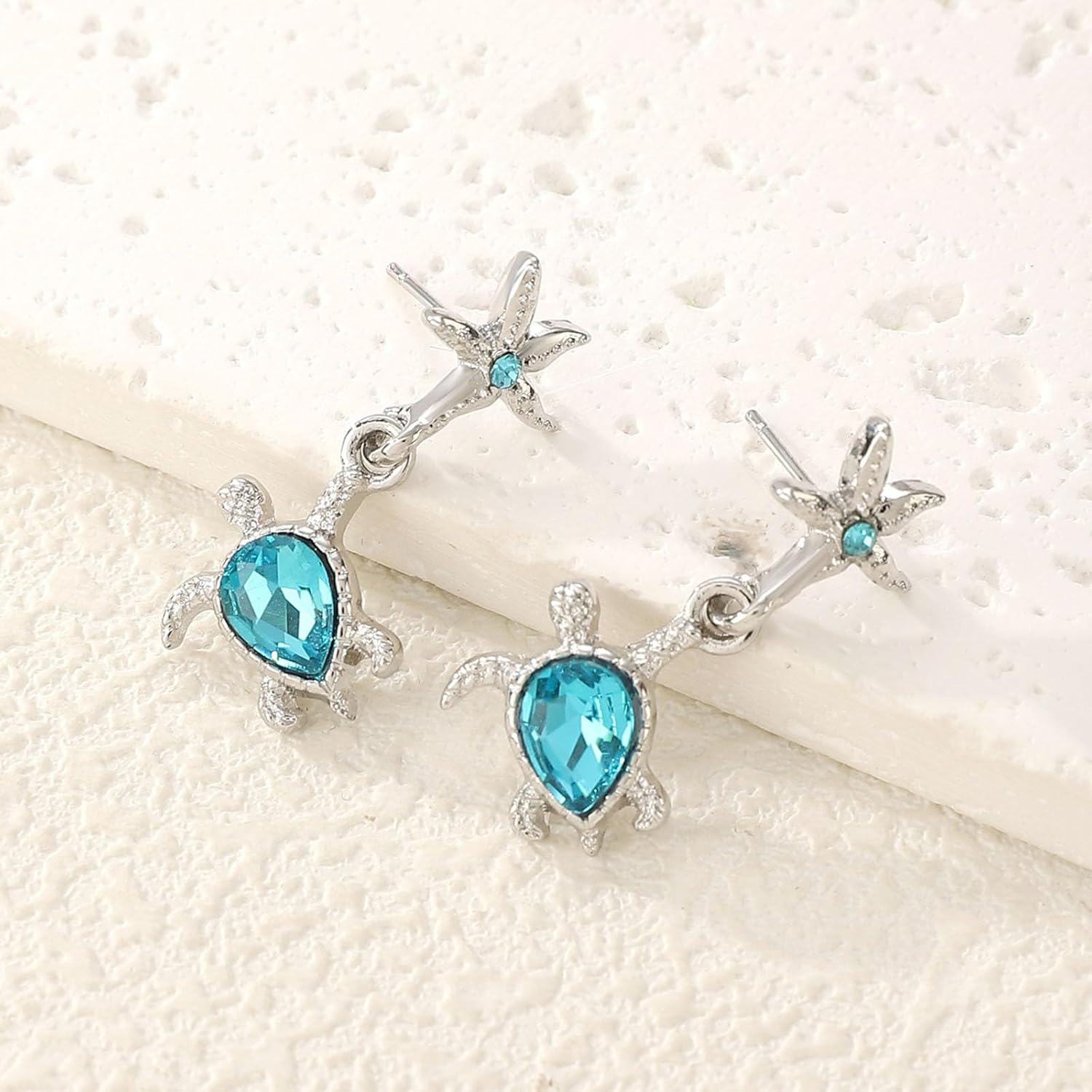 Boho Starfish Turtle Earrings Blue Crystal Sea Turtle Dangle Drop Earrings Diamond CZ Starfish Stud Earrings Summer Beach Tortoise Animal Statement Earrings Ocean Jewelry for Women - Image 3